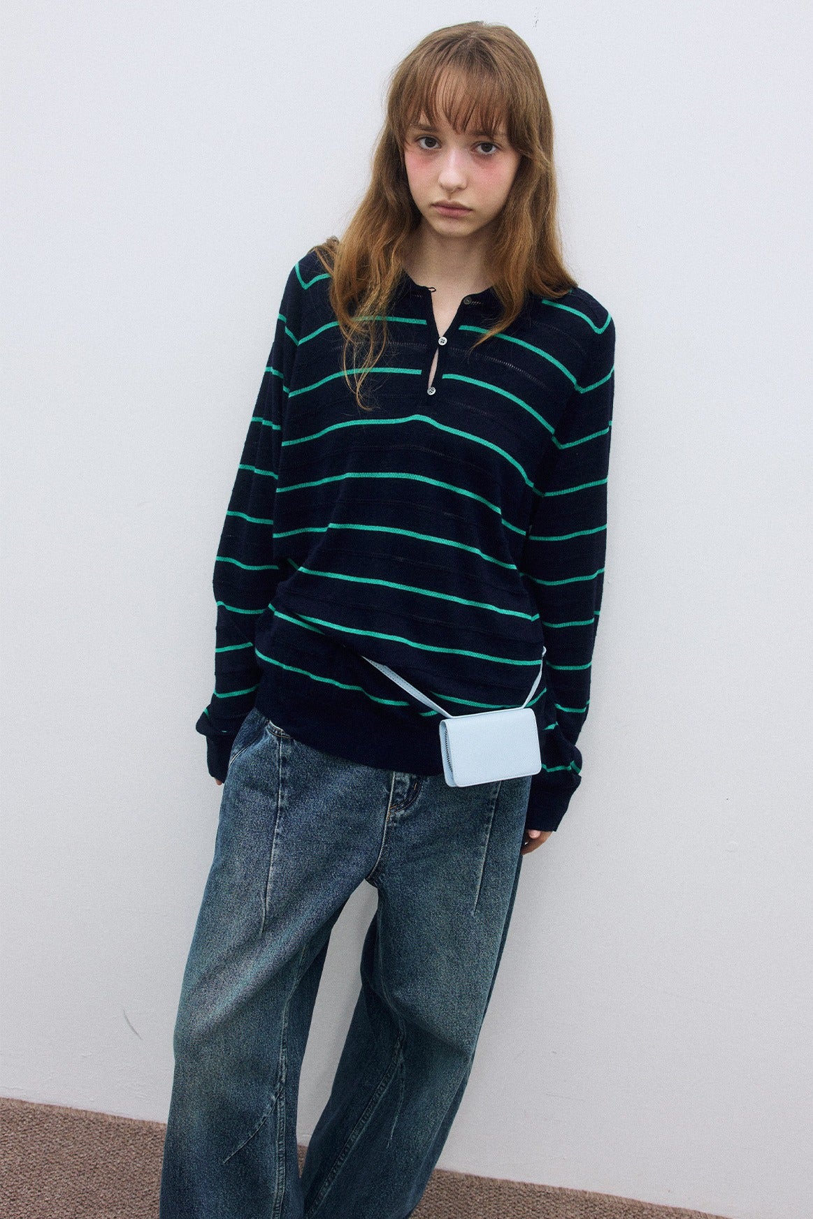 Wool blend mid-length stripes polo knitwear | 4 color