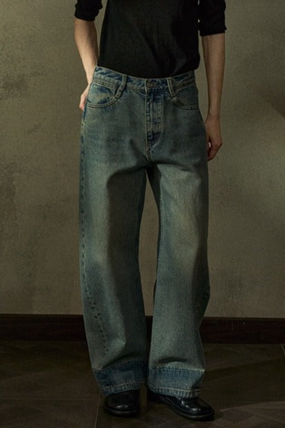 Cotton blend contrasting cuff scythe-shaped leg jeans | 2 color