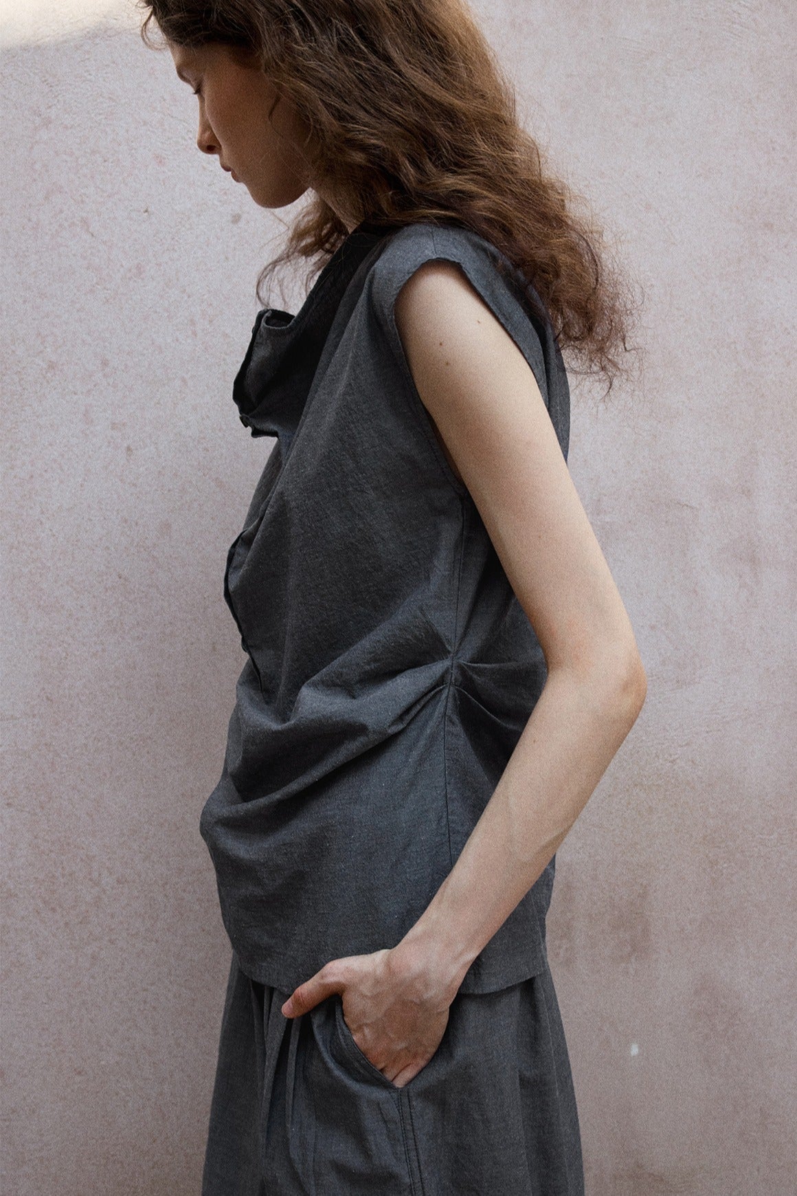 Cotton blend linen diagonal front vest shirt | 2 color