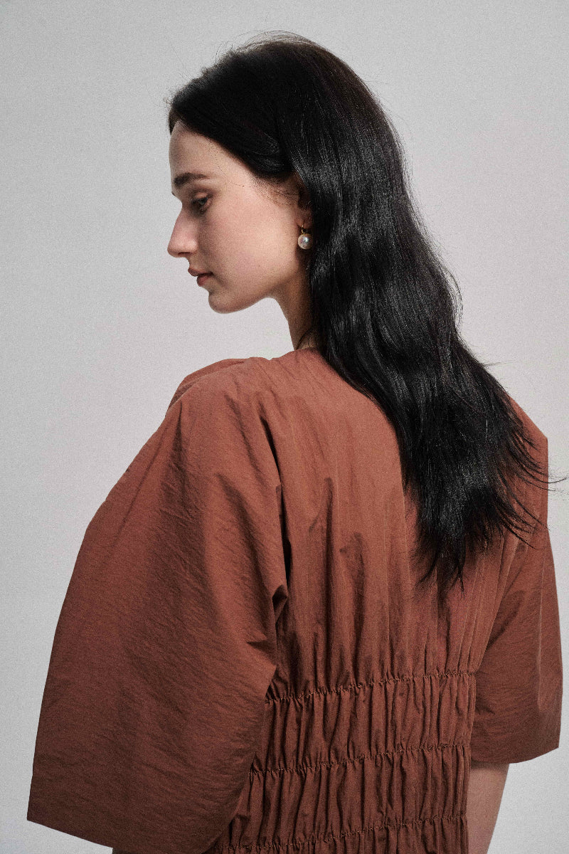 Customizable Pleated waist puff-sleeved dress | 2 color