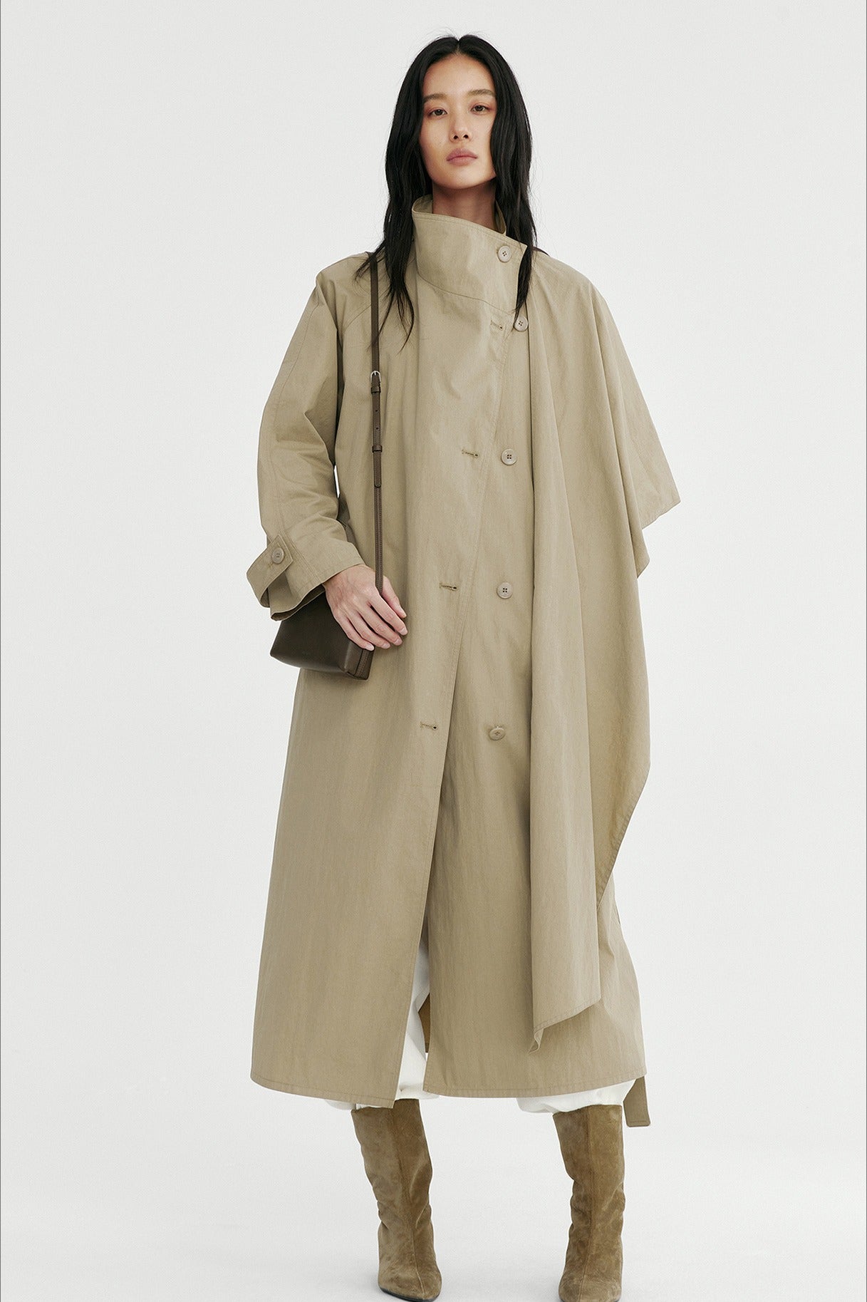 Cotton blend crinkled surface cape trench coat | 2 color