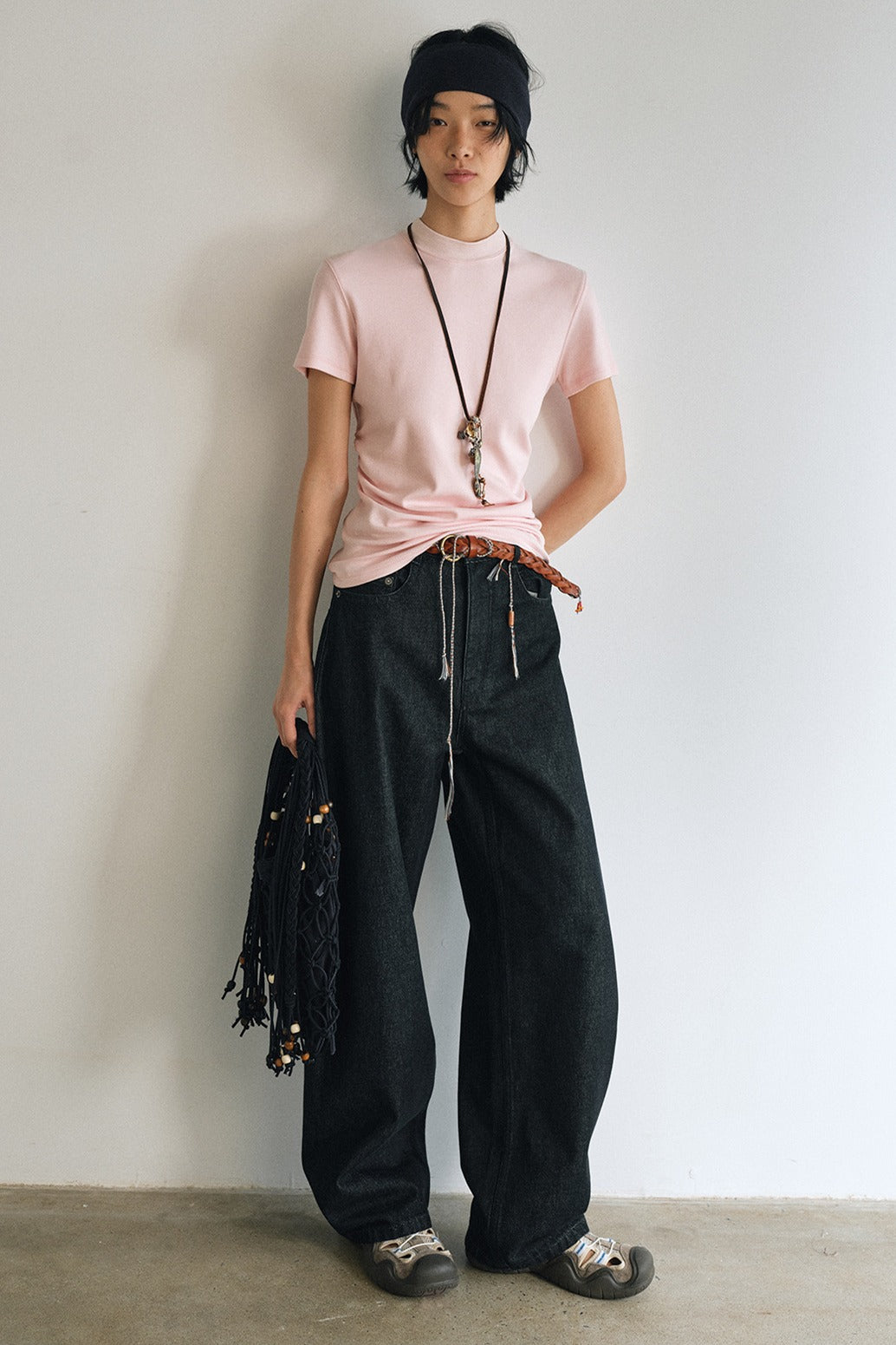 Cotton blend semi-high neck waisted t-shirt | 5 color