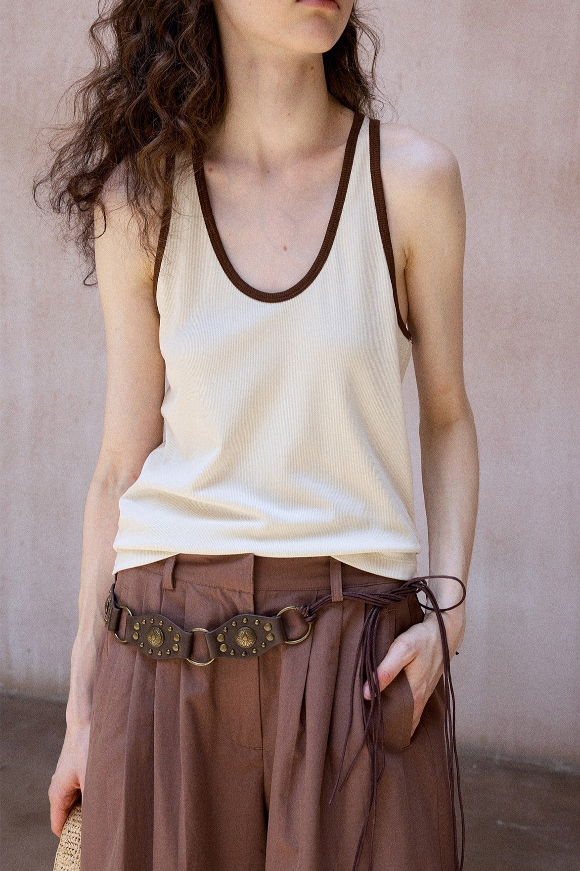 Cotton blend elastic color contrast tank top | 3 color