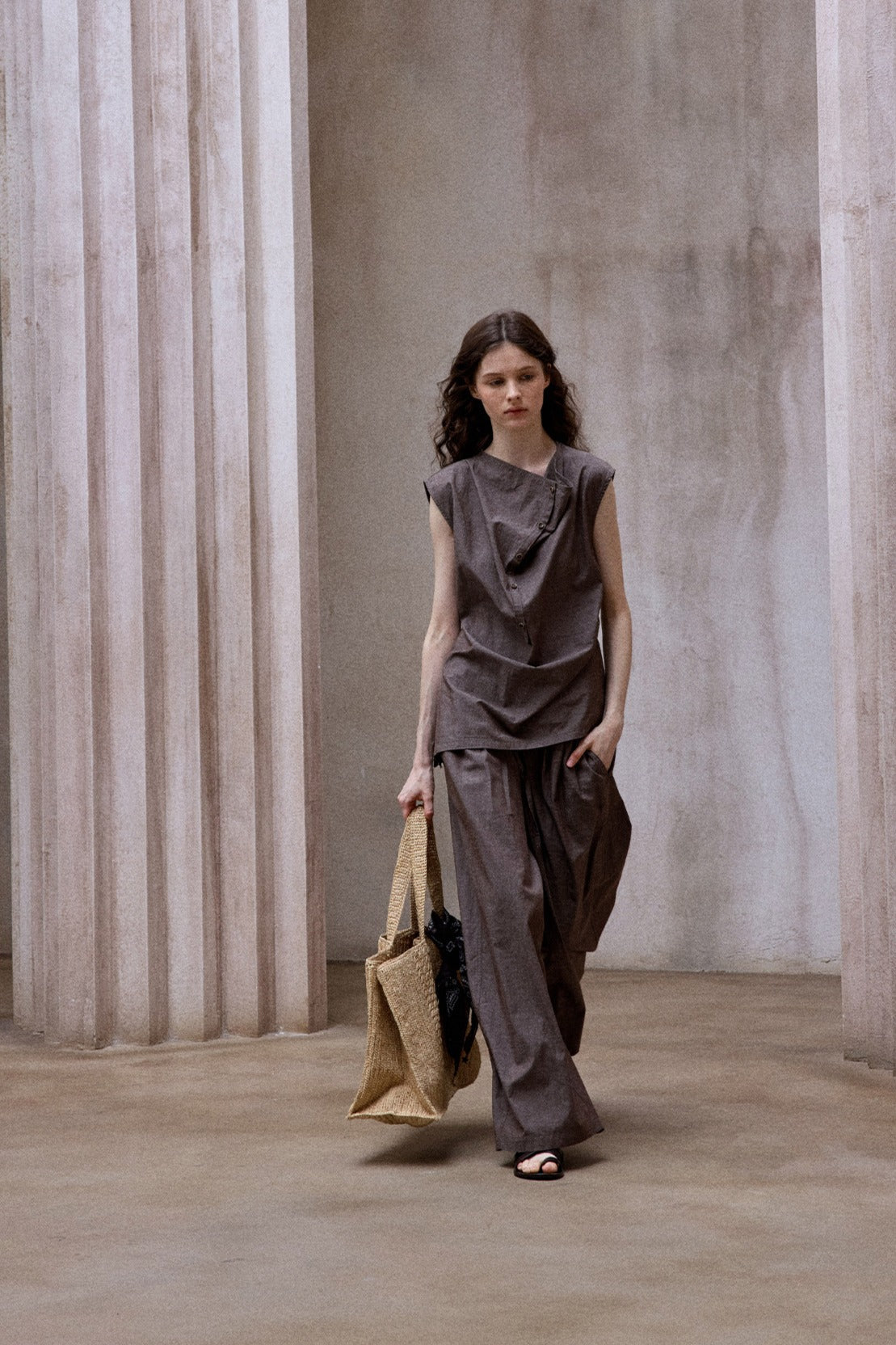 Cotton blend linen diagonal front vest shirt | 2 color