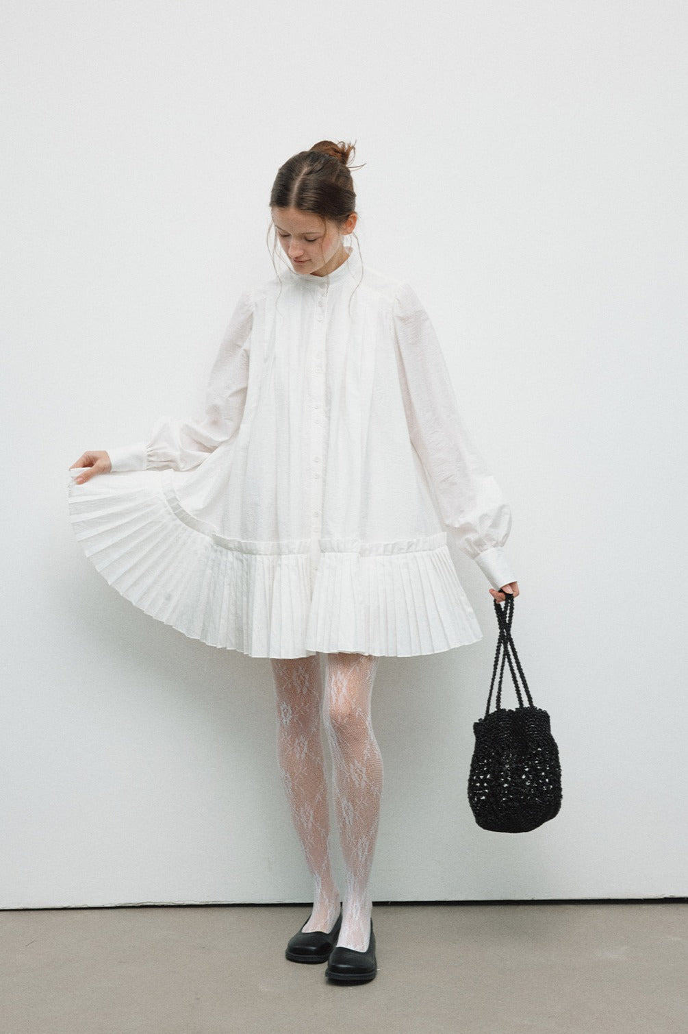 Cotton blend mid-length pleated tail dress | 4 color