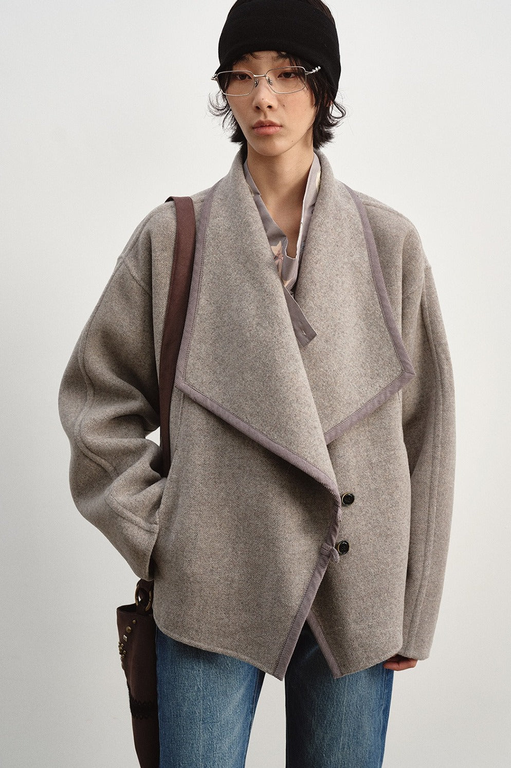 Wool-silk-alpaca relaxed fit large lapel jacket | 2 color