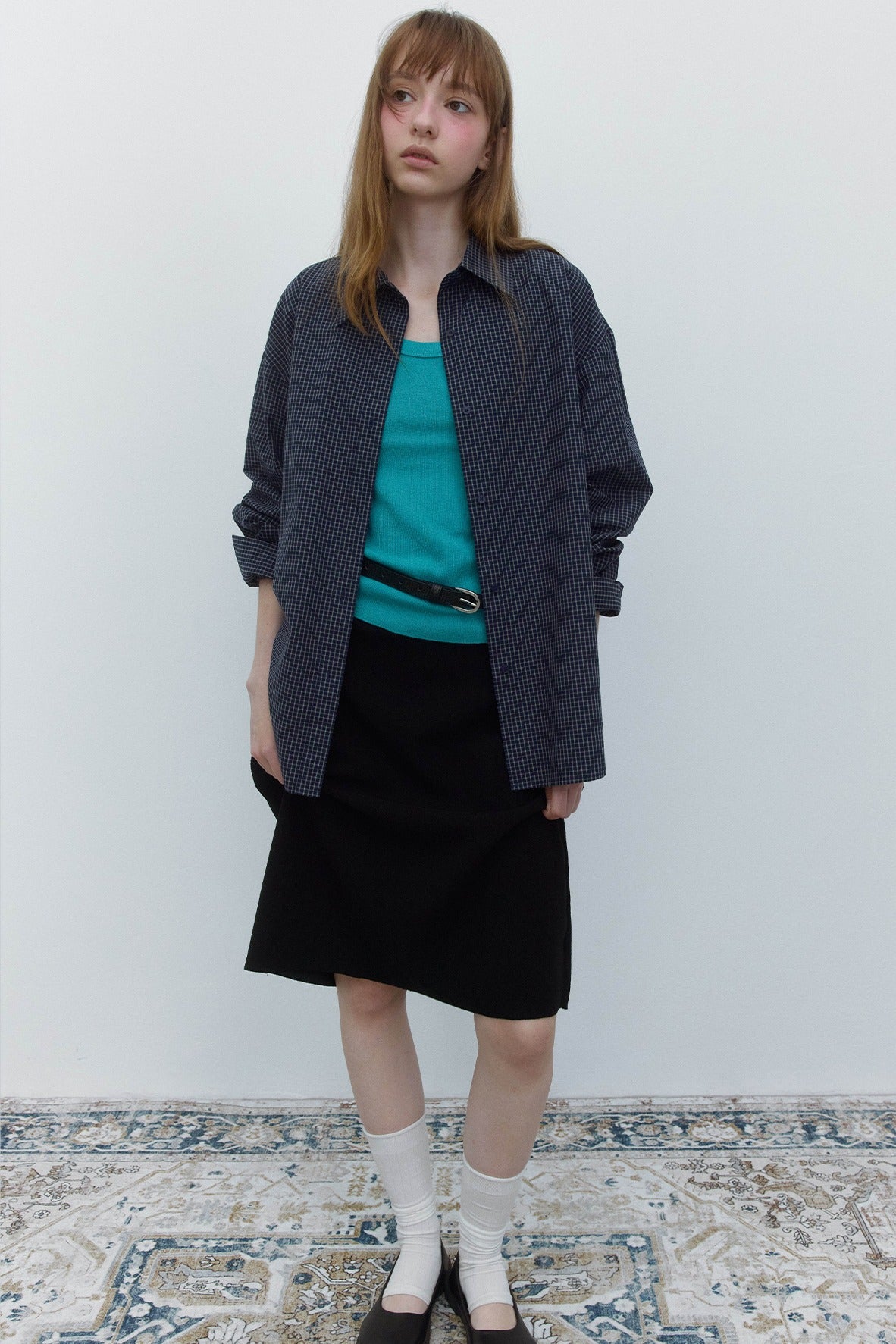 100% cotton mini check pattern mid-length shirt | 3 color