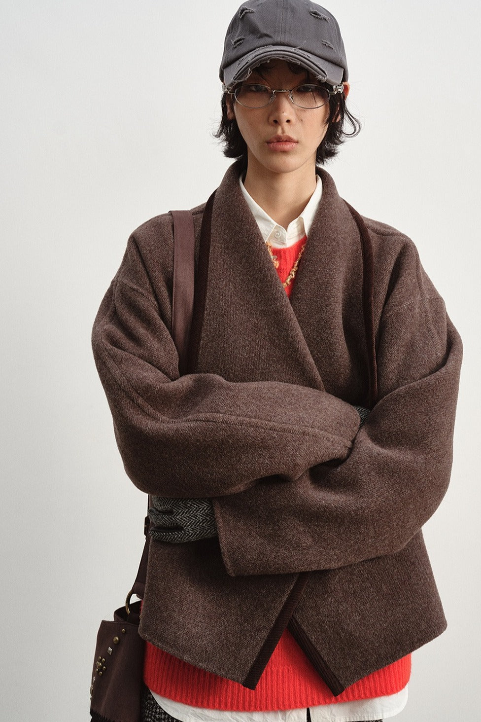 Wool-silk-alpaca relaxed fit large lapel jacket | 2 color