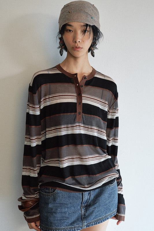 Lightweight slightly sheer stripe knit T-shirt | 4 color