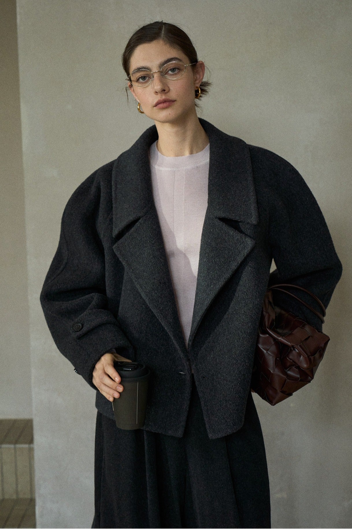 Wool-silk-camel hair cropped jacket with a belt | 3 color
