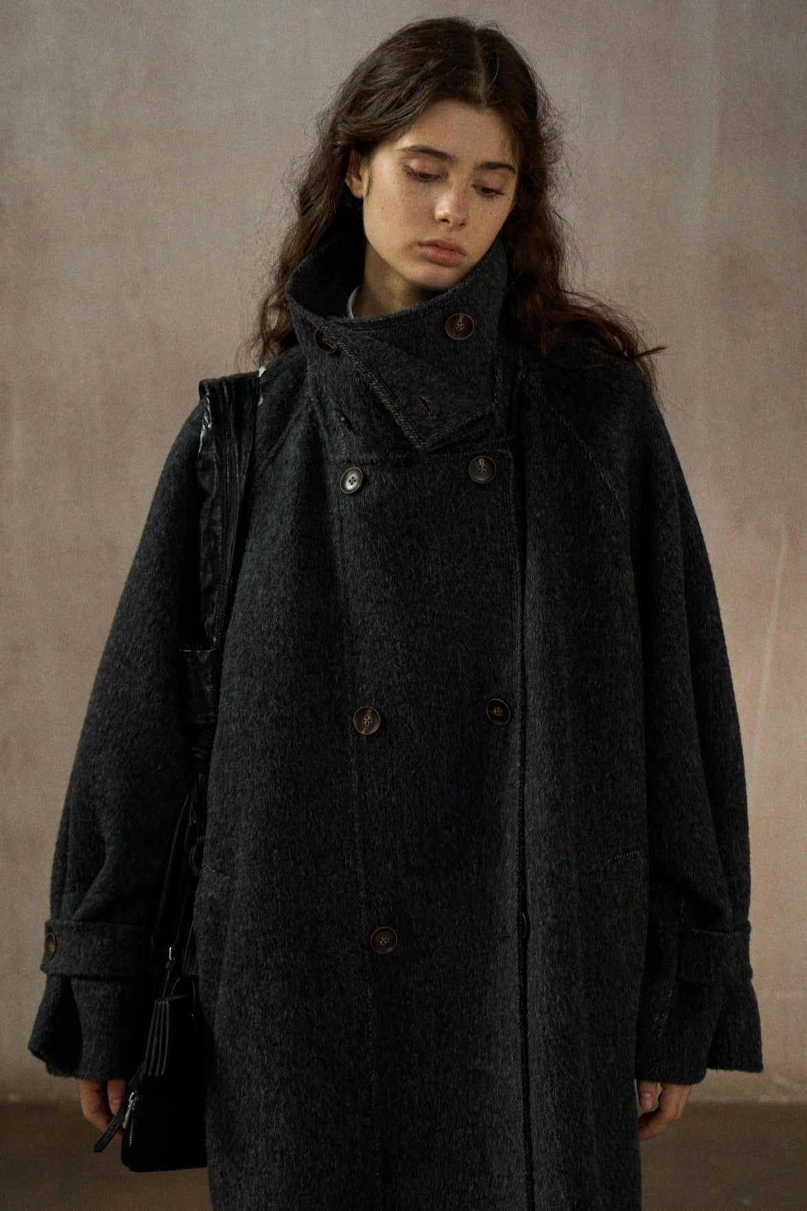 Wool-silk-angora relaxed fit stand collar mid-length coat