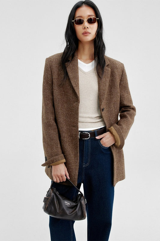 Wool blend tailored waist silhouetted blazer jacket | 2 color