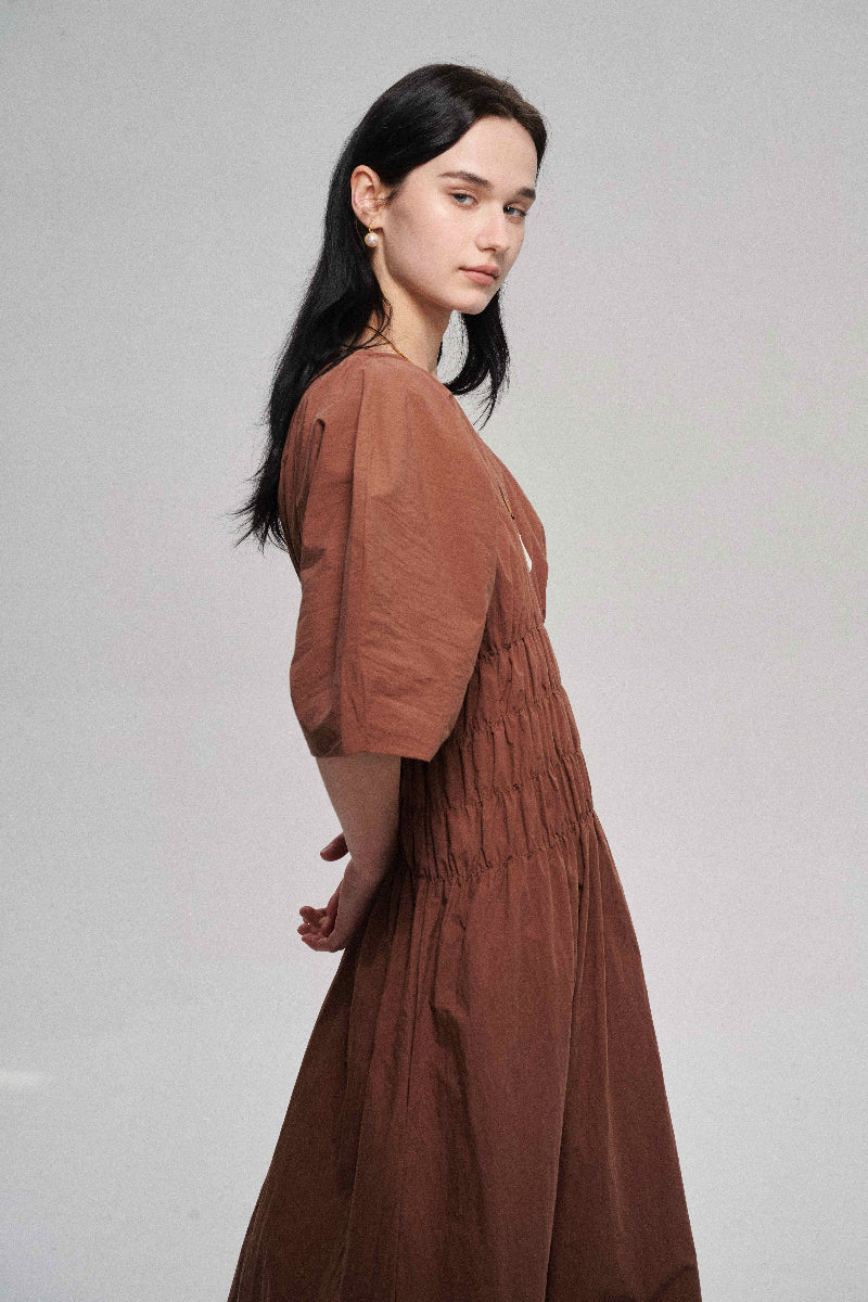 Customizable Pleated waist puff-sleeved dress | 2 color