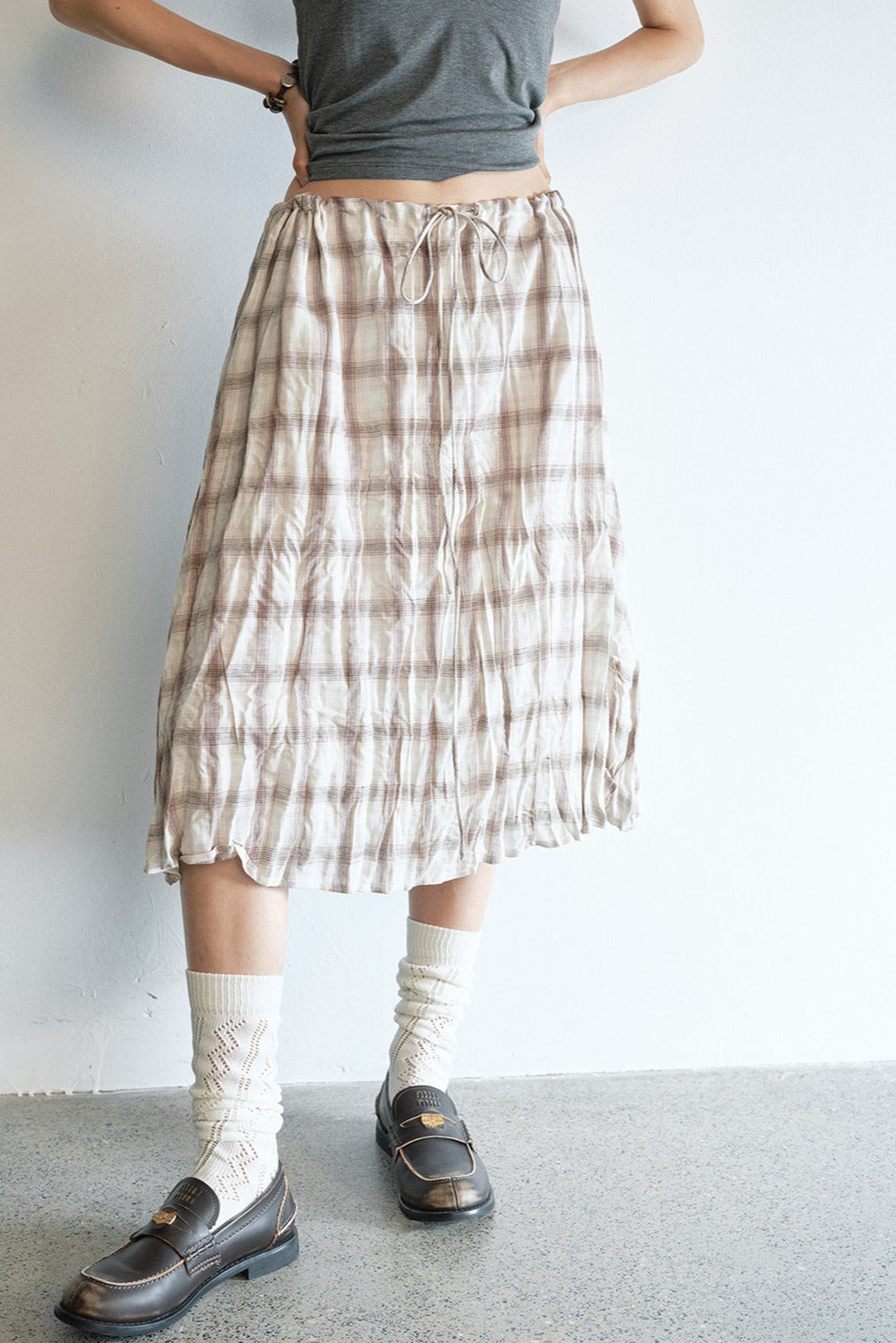 Linen-cotton crinkled elastic waist check skirt | 2 color