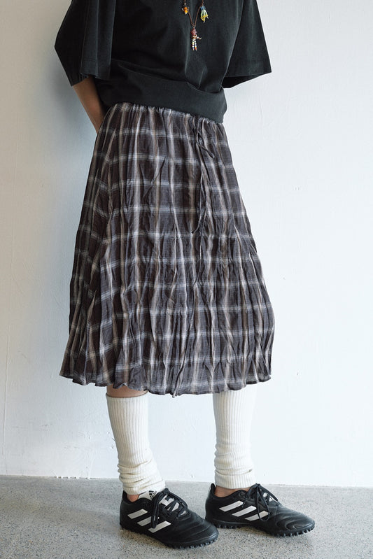 Linen-cotton crinkled elastic waist check skirt | 2 color