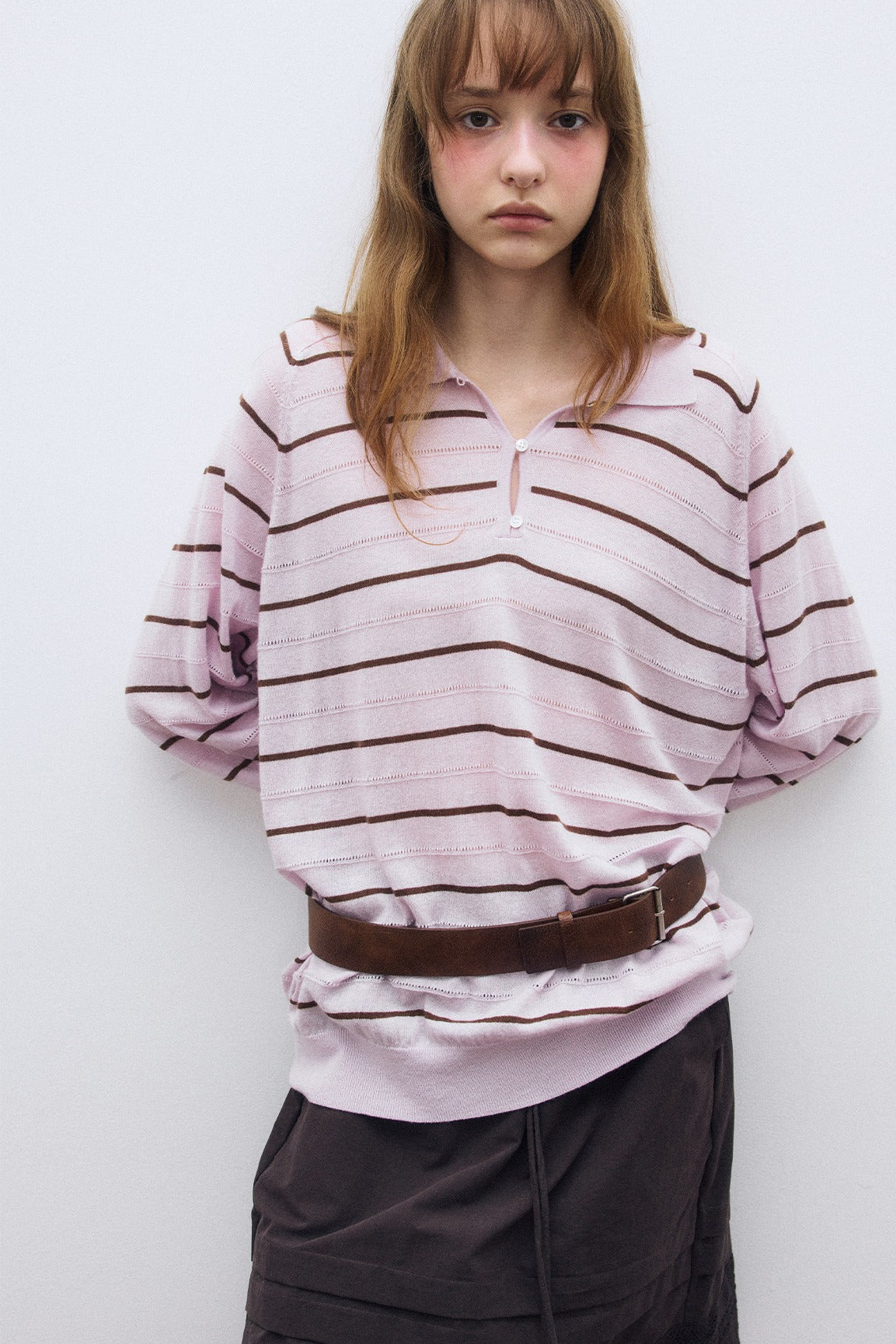 Wool blend mid-length stripes polo knitwear | 4 color