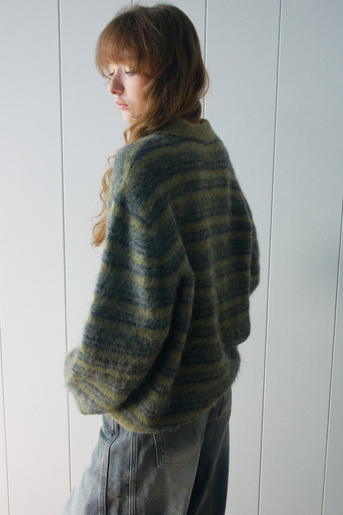 Alpaca blend striped long-hair polo sweater | 4 color
