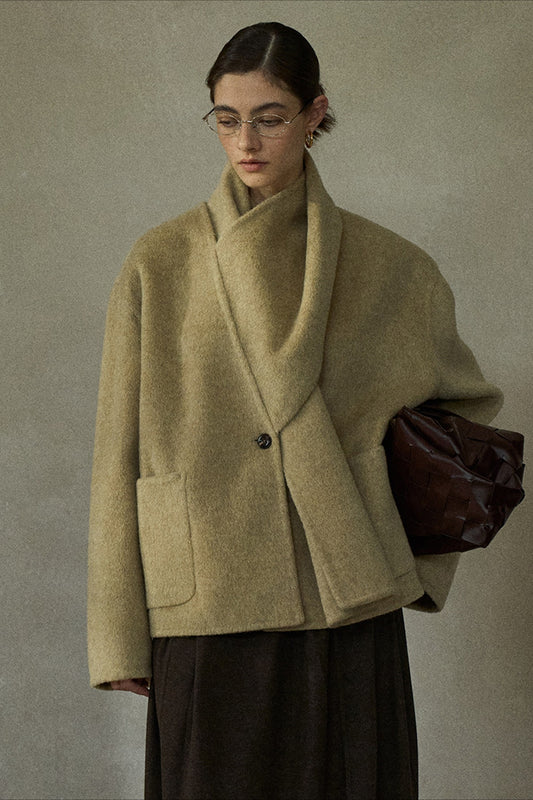 Wool-alpaca scarf-collar elegant jacket | 3 color