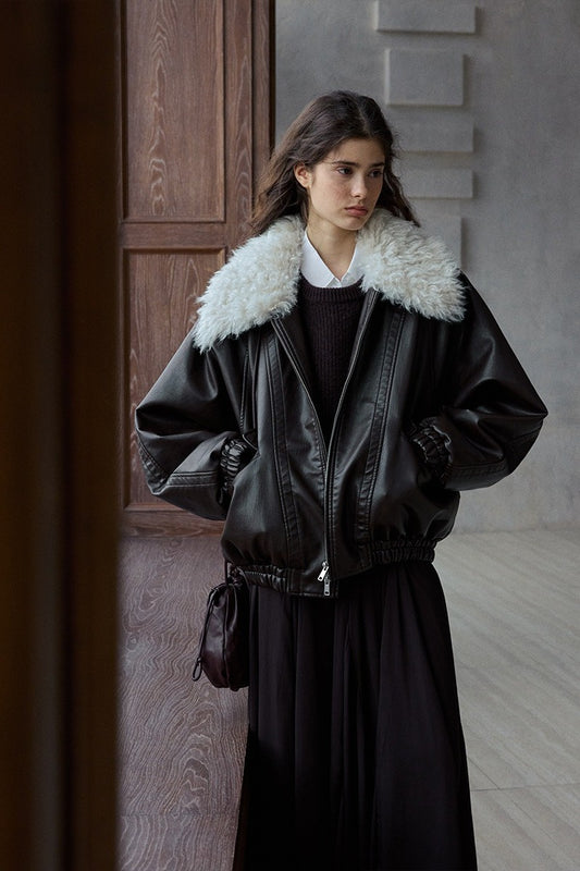 Cozy and chic detachable collar wool-filled PU jacket | 2 color