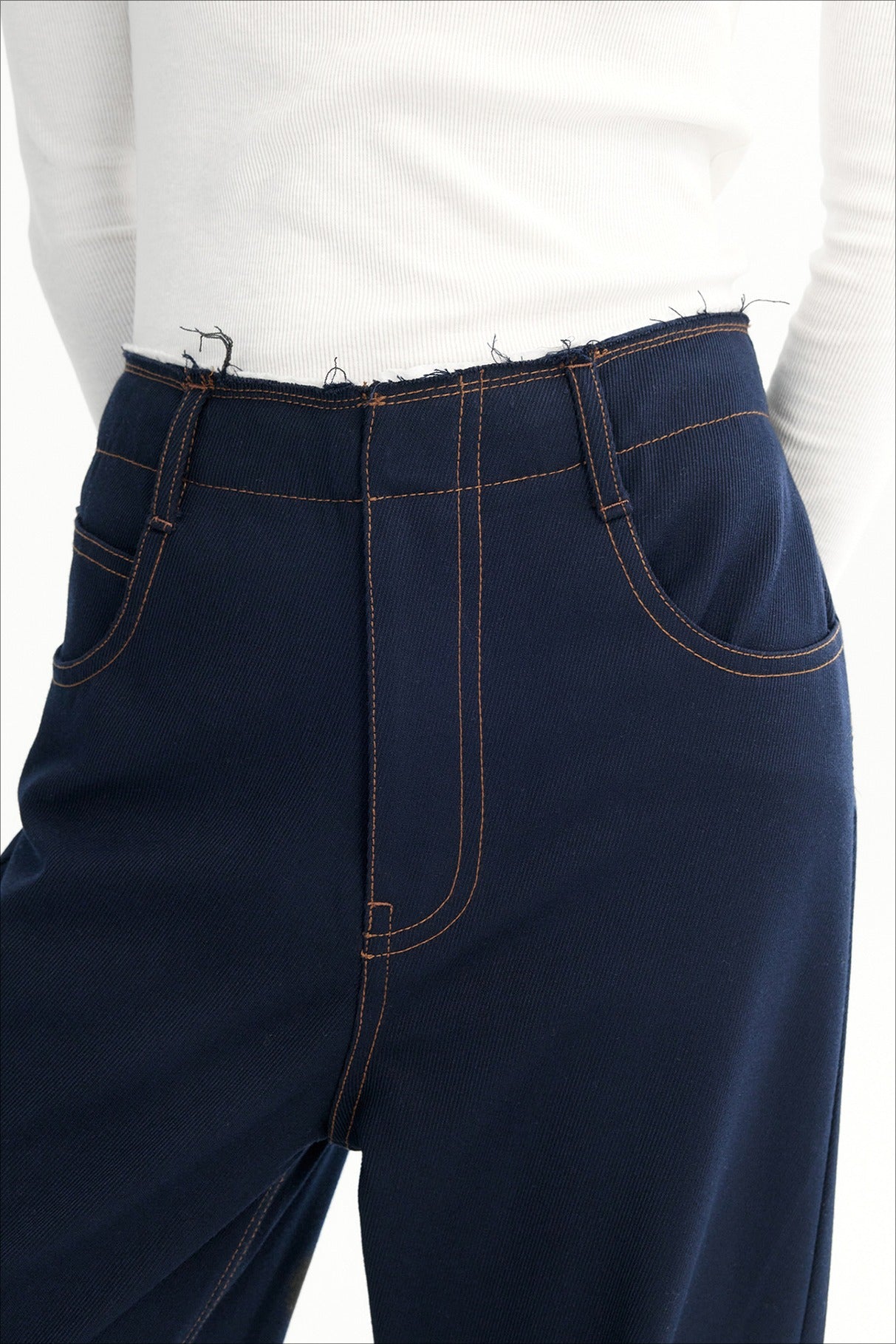 Structured sharp straight-leg raw-waistline stitching jeans