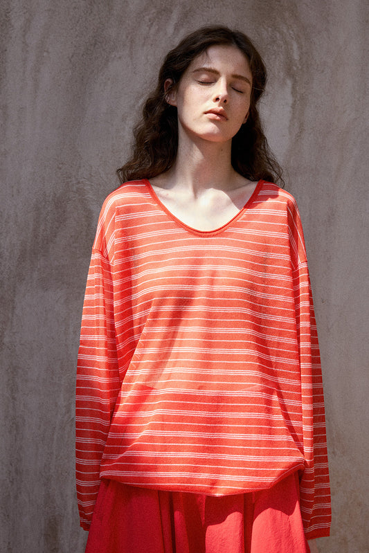 Sheer striped loose-fit knit top | | 5 color