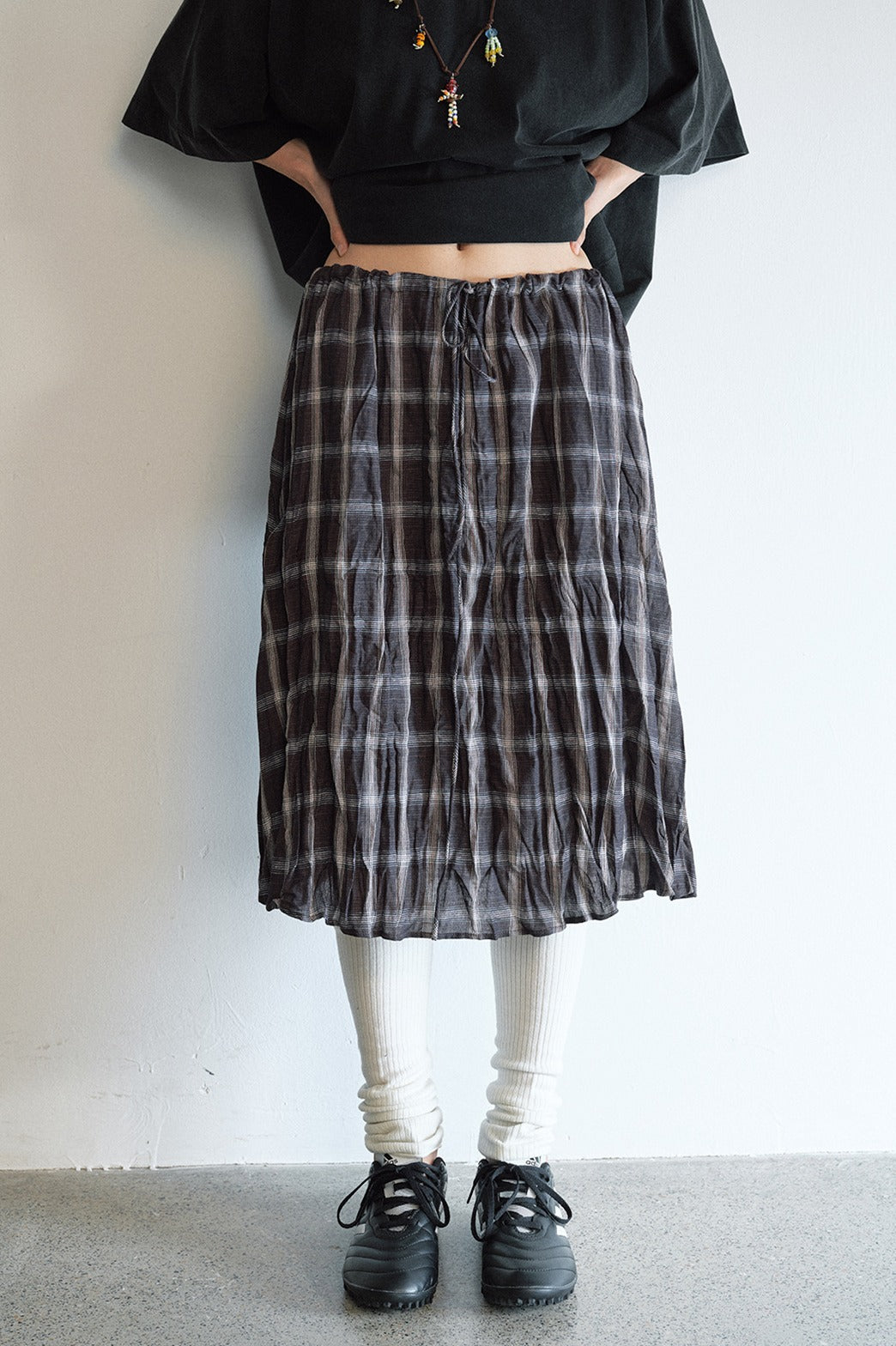 Linen-cotton crinkled elastic waist check skirt | 2 color