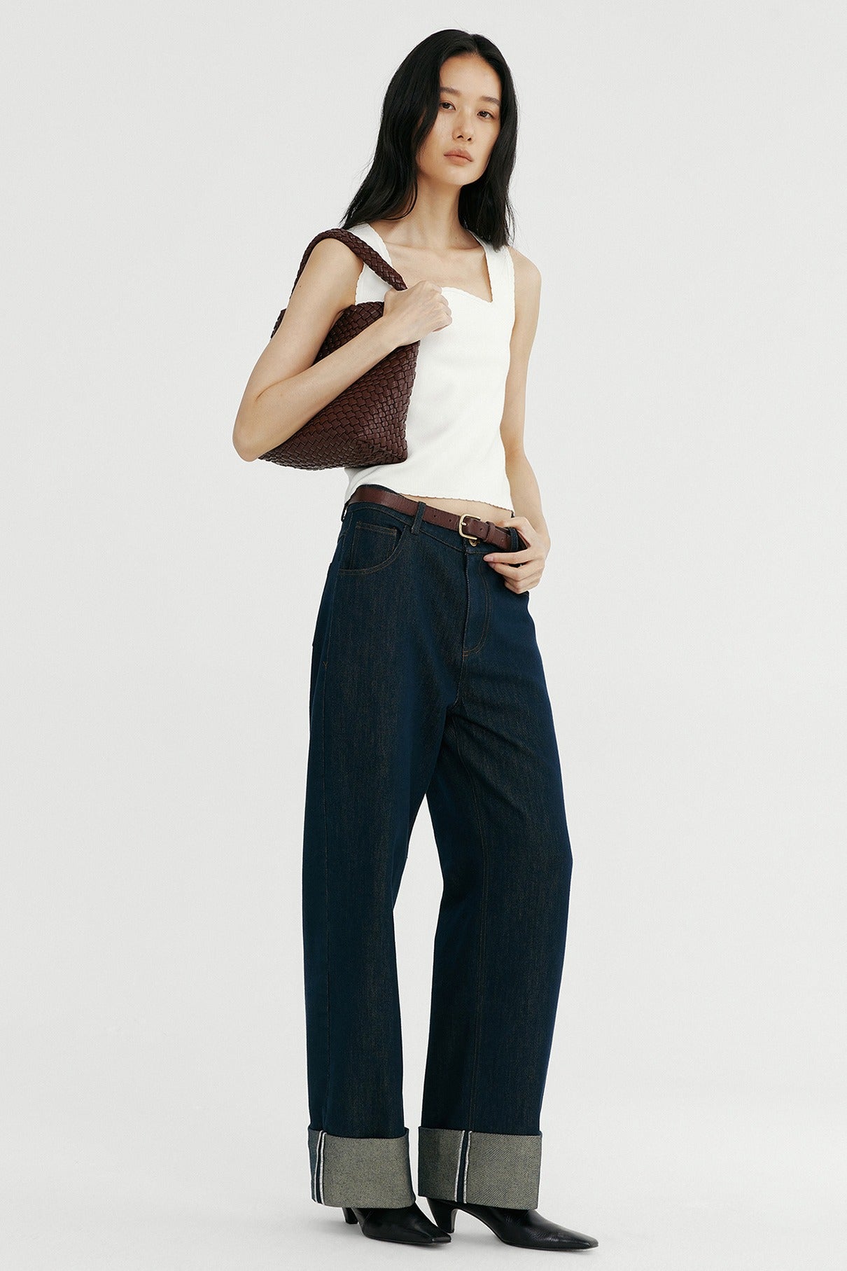 Cotton blend straight leg folded cuff jeans
