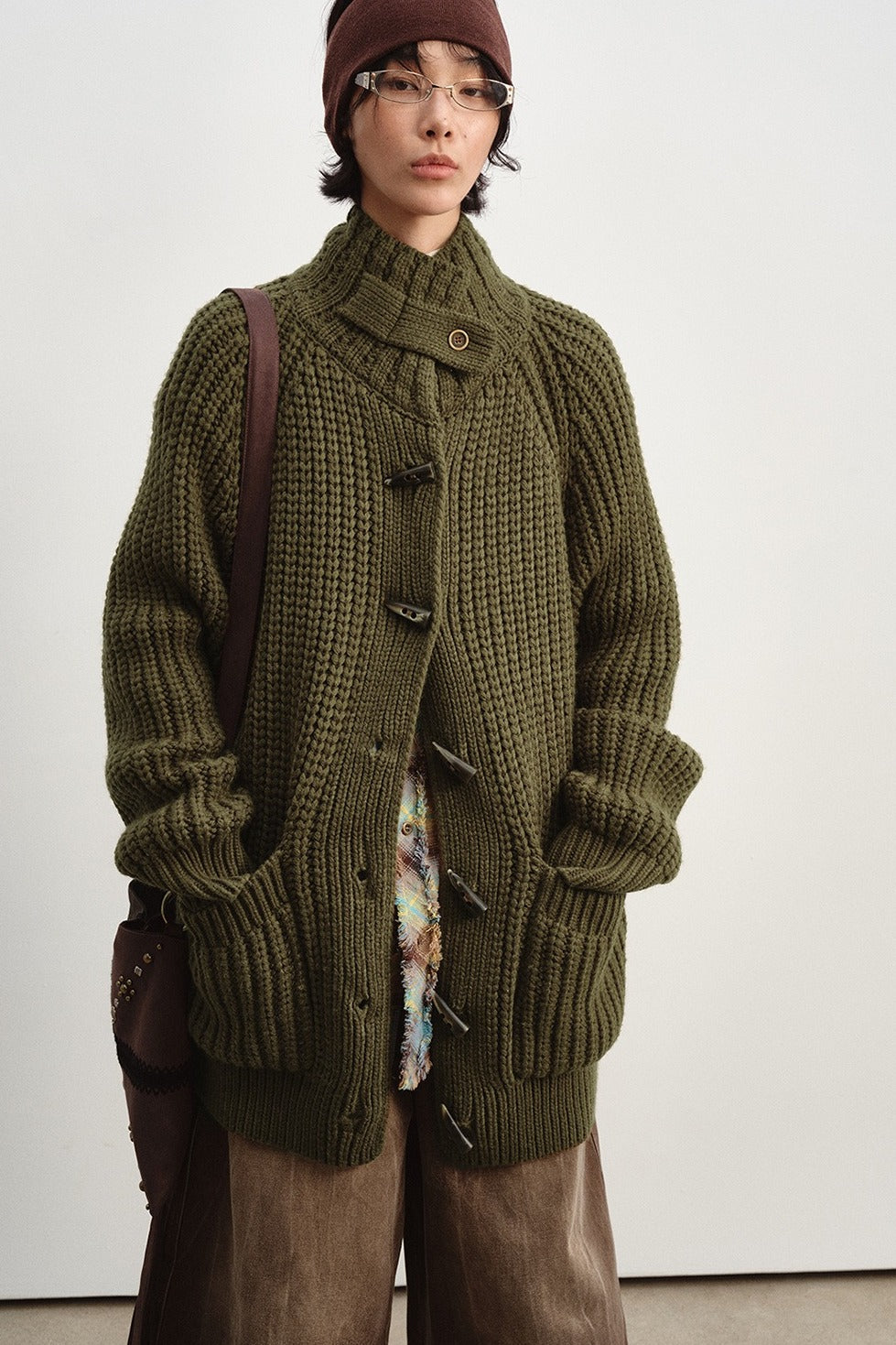 Chunky knit horn buttons mid-length cardigan | 4 color