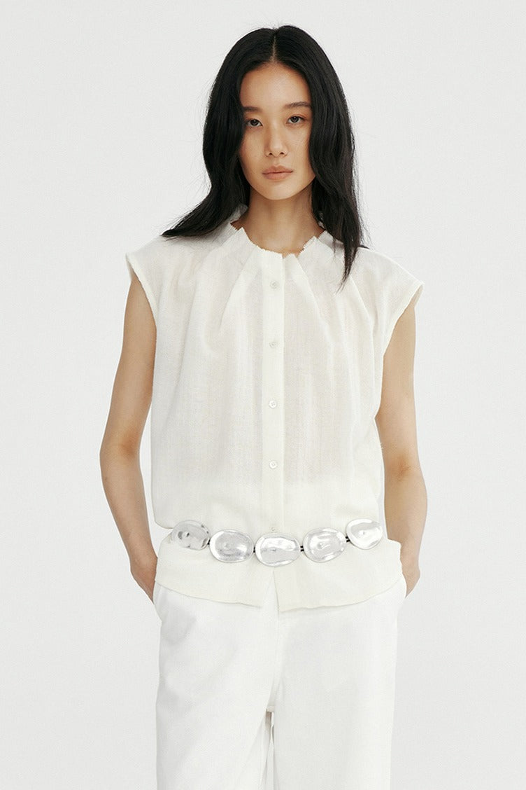 Woolen pleated collar petite fly sleeve sheer top
