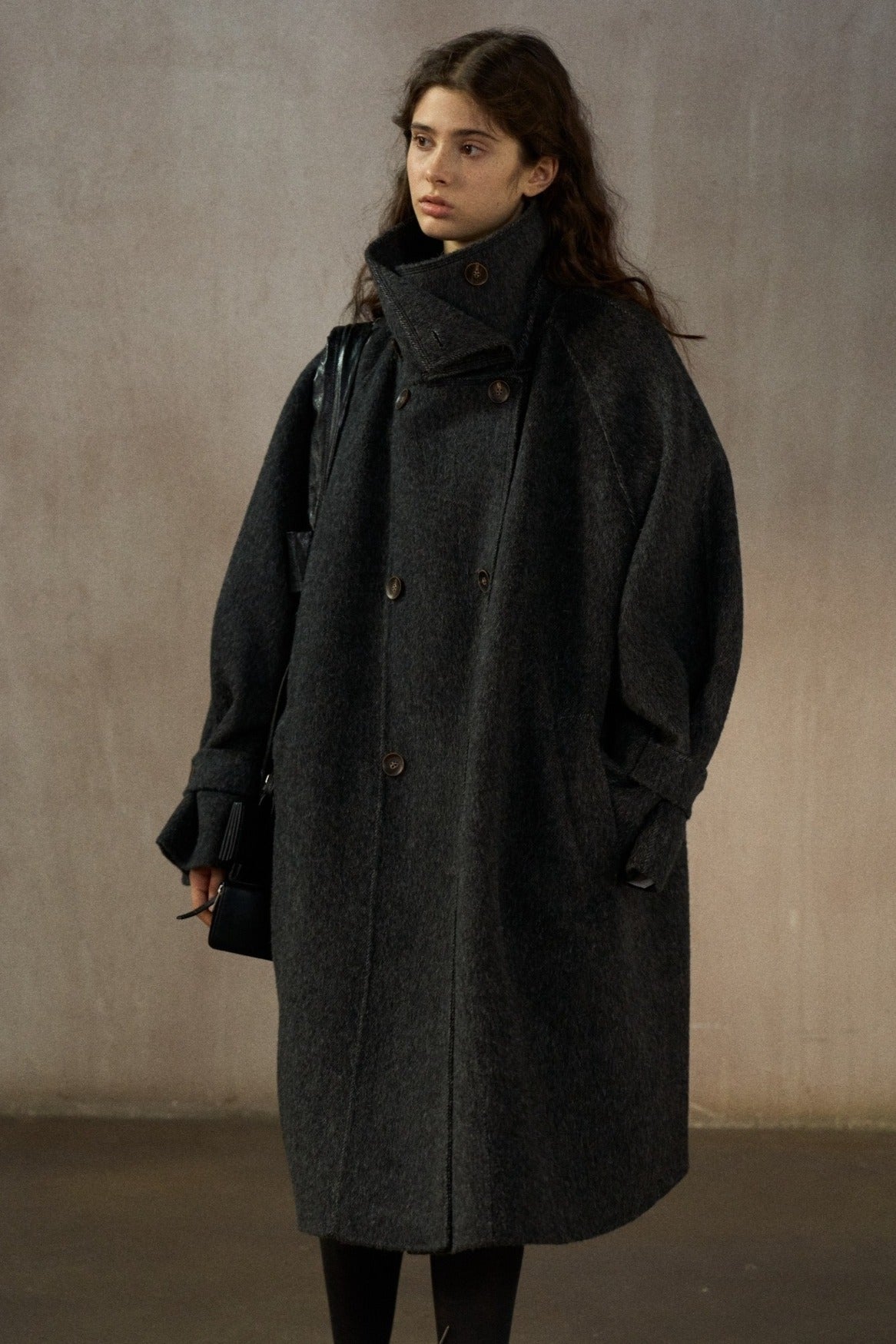 Wool-silk-angora relaxed fit stand collar mid-length coat