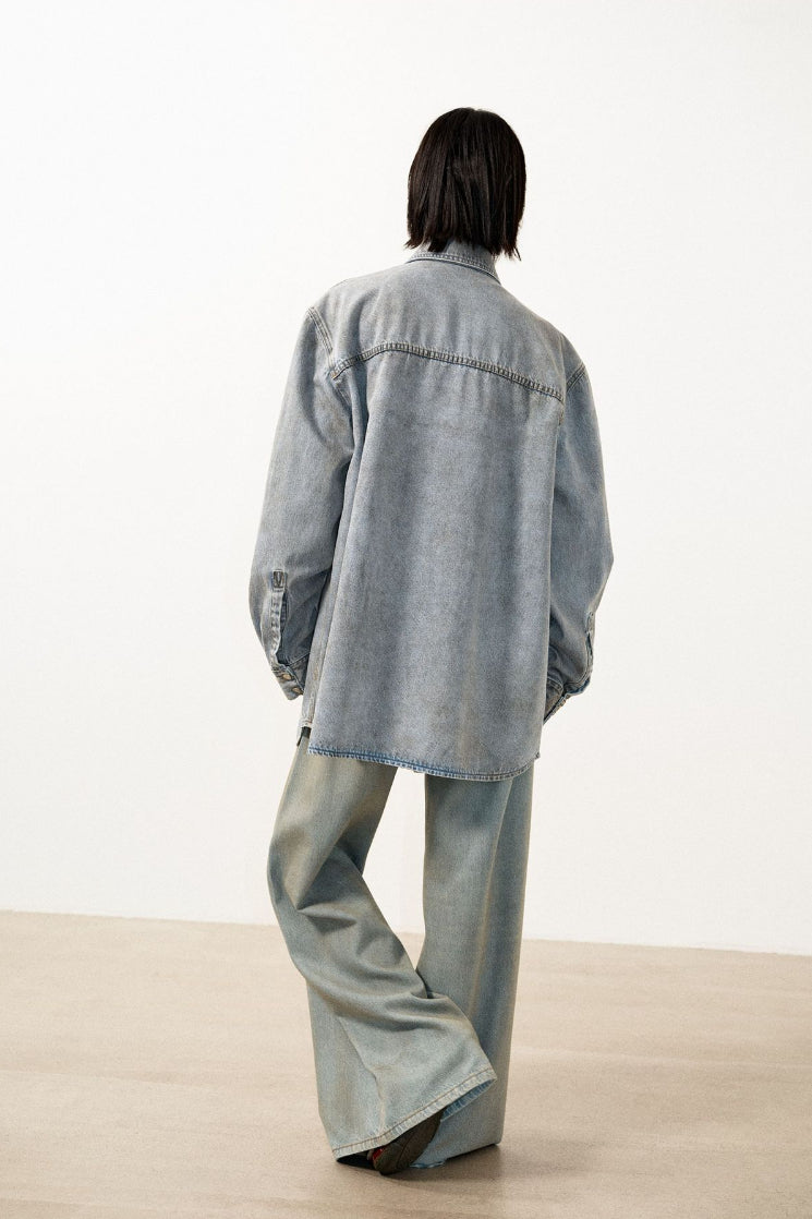 Cotton blend tencel dirty washed denim shirt | 2 color