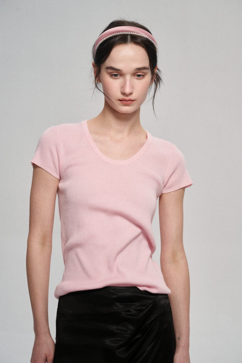 Wool containing soft ribbed knit T-shirt