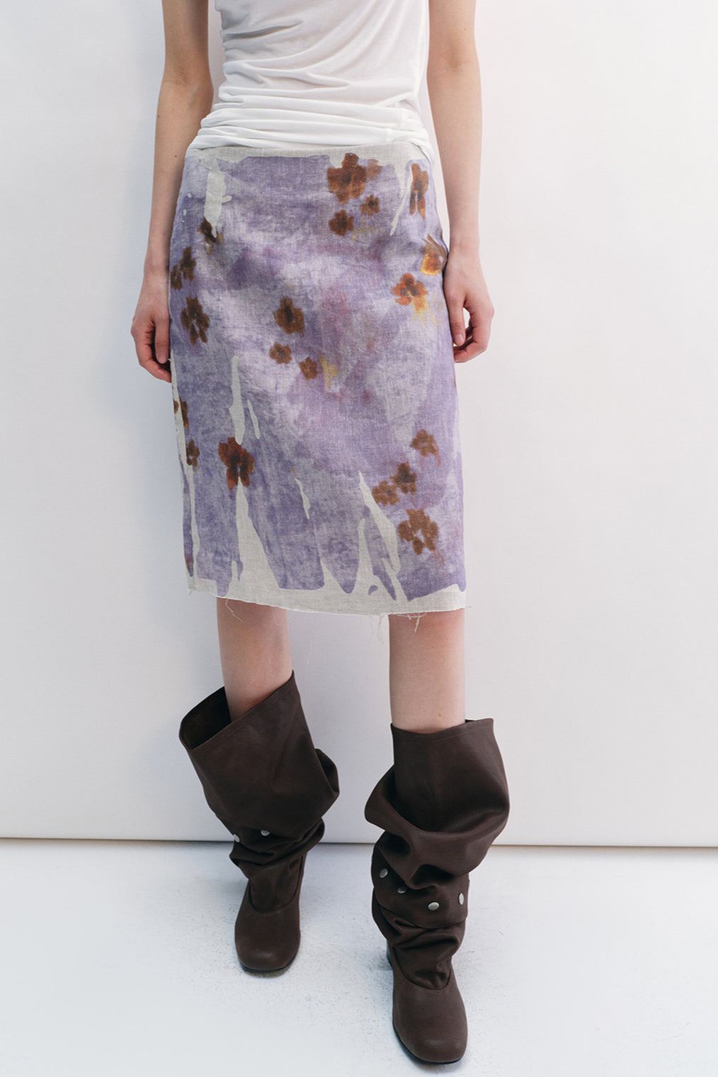 100% linen print raw edge straight skirt | 2 color