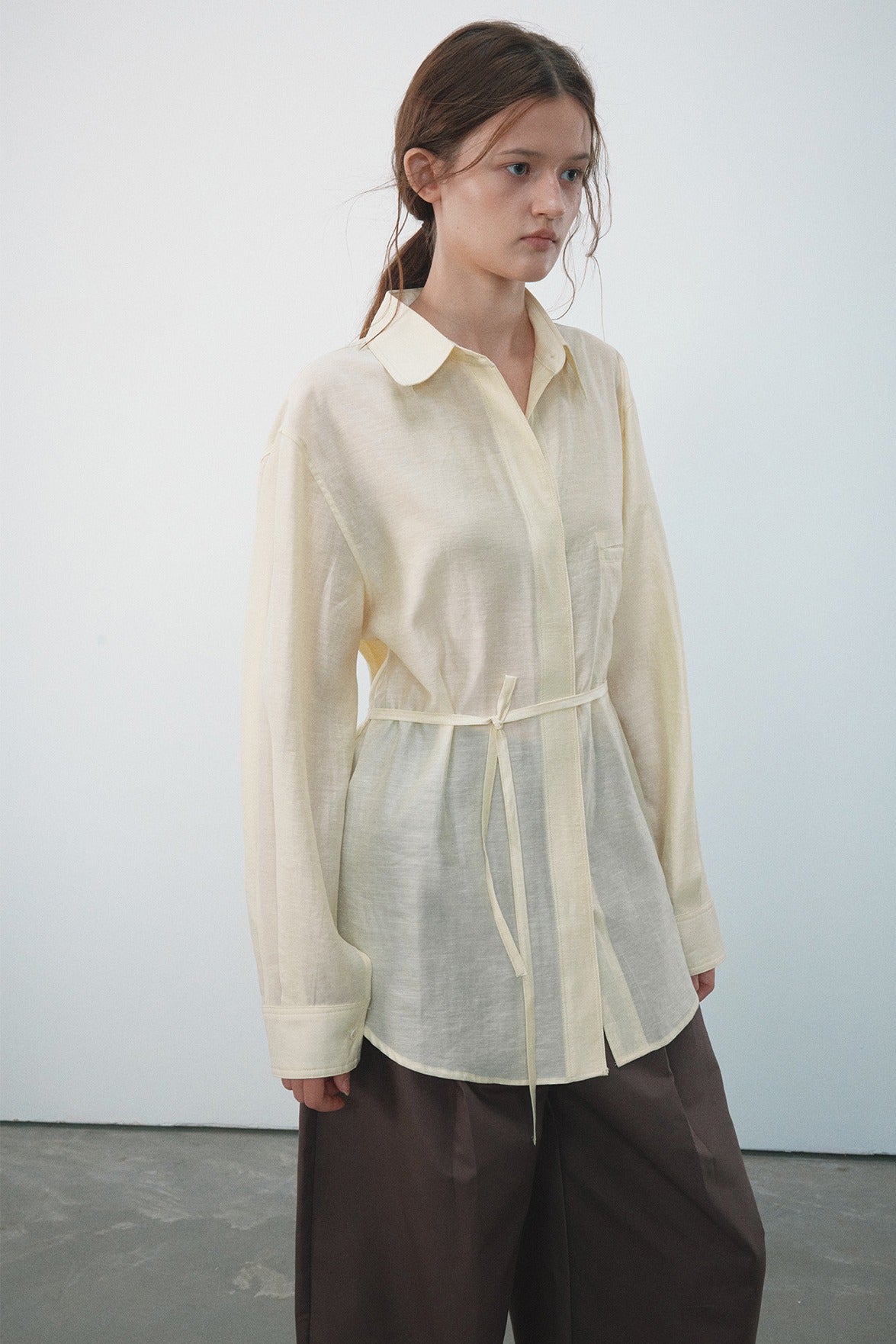 Lyocell blend semi-sheer mid-length shirt | 5 color