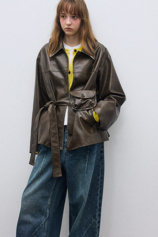 PU-coated vintage-look jacket with a belt | 3 color