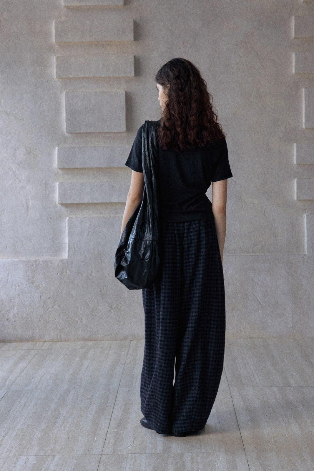Wool blend check pattern loose structure pants | 2 color