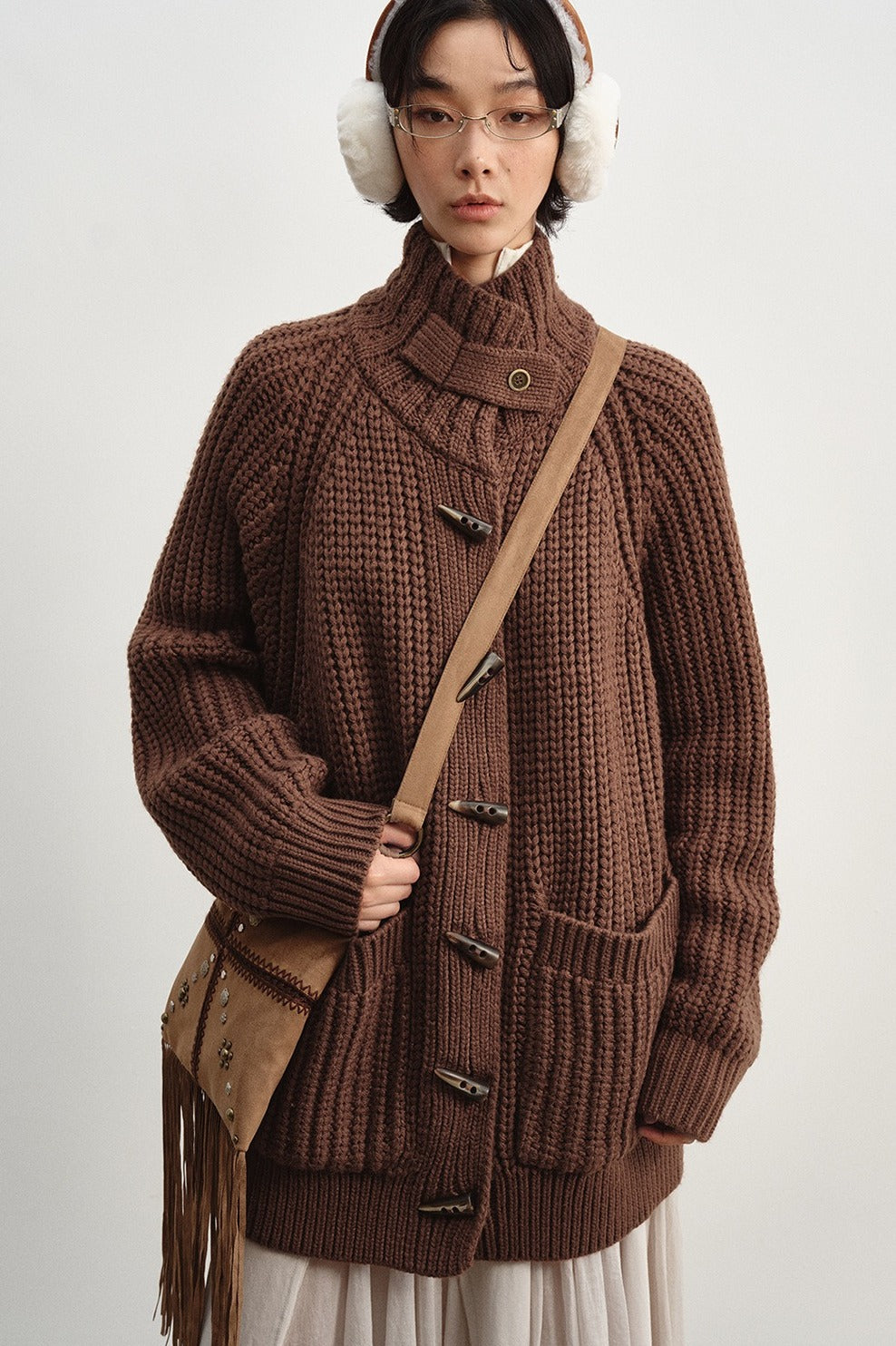 Chunky knit horn buttons mid-length cardigan | 4 color