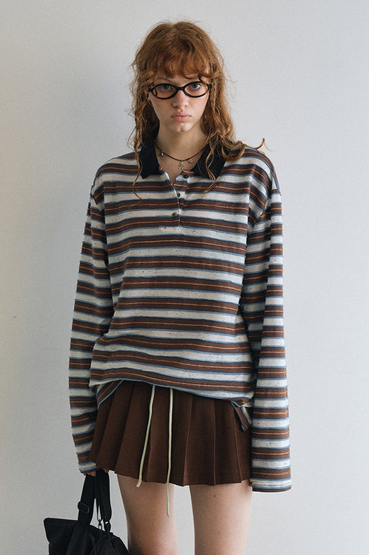 Cotton blend color-block retro polo T-shirt | 3 color