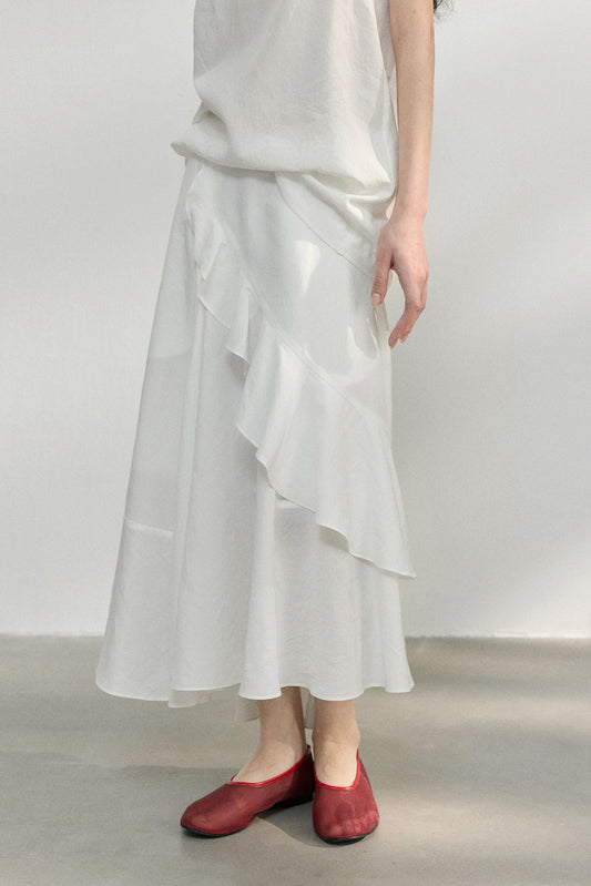 100% lyocell ruffled edge irregular hem soft skirt | 4 color