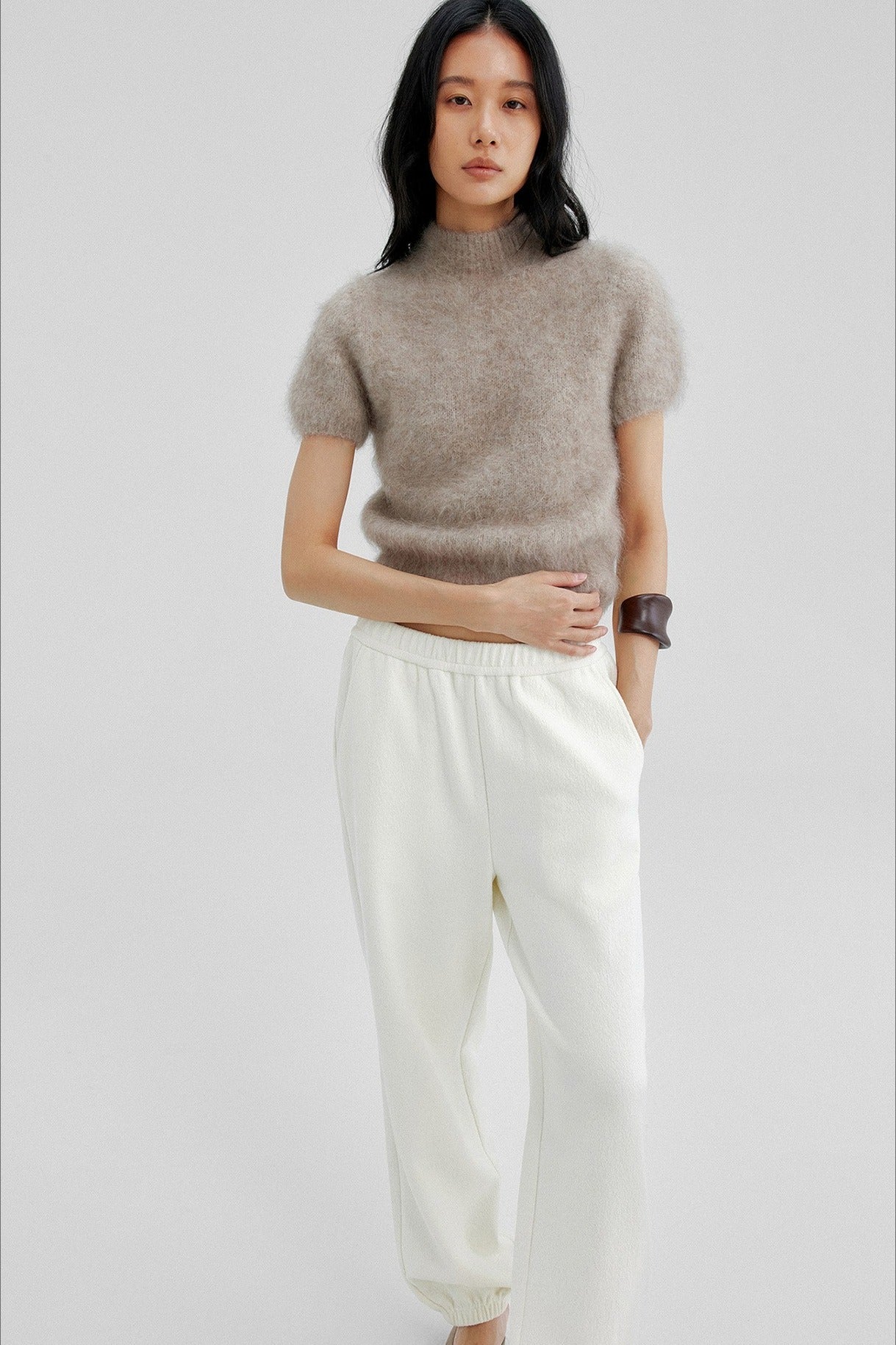 Cashmere-alpaca blend soft puffy short-sleeve sweater