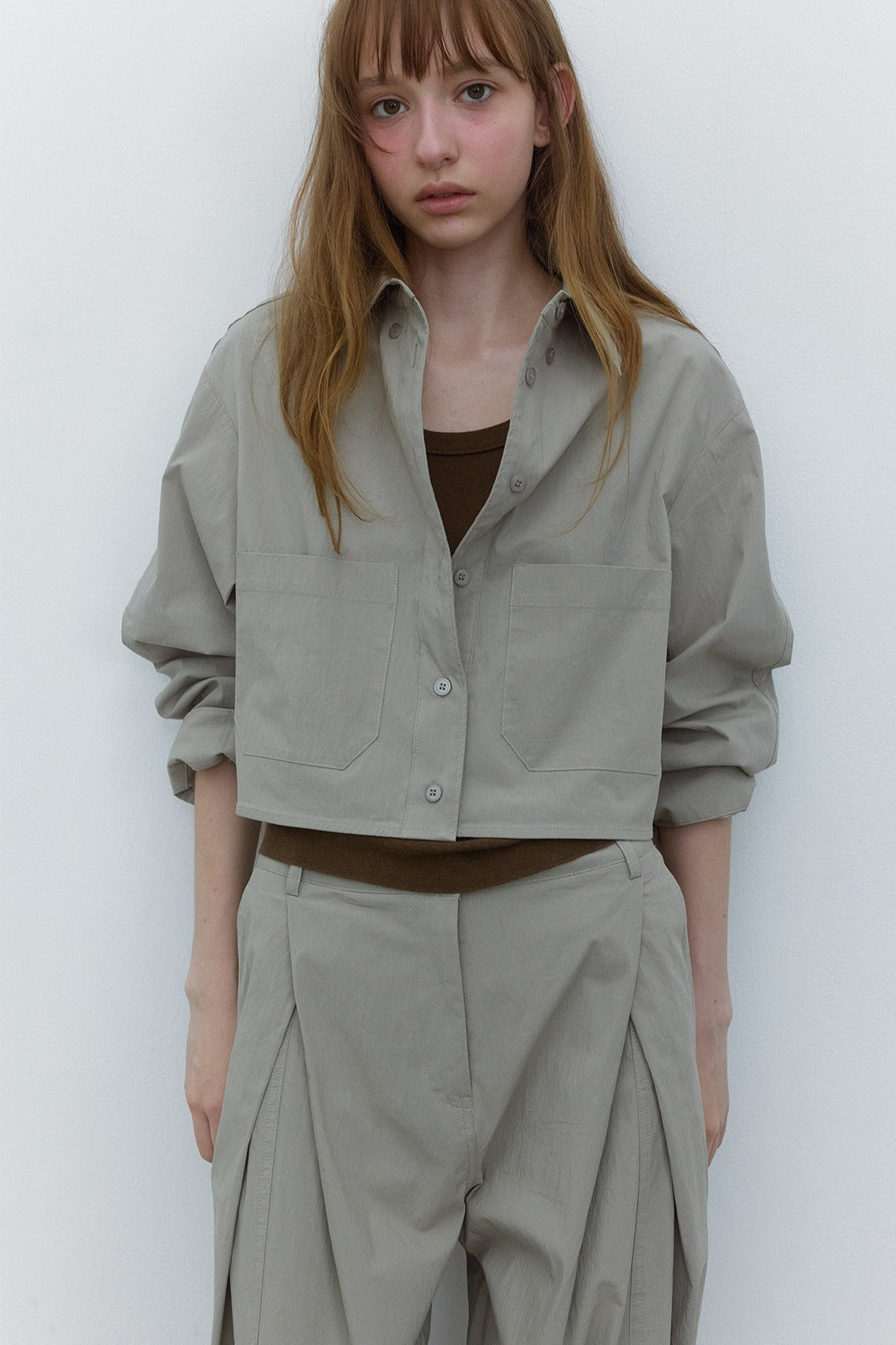 Cotton blend tactile texture cropped shirt | 3 color