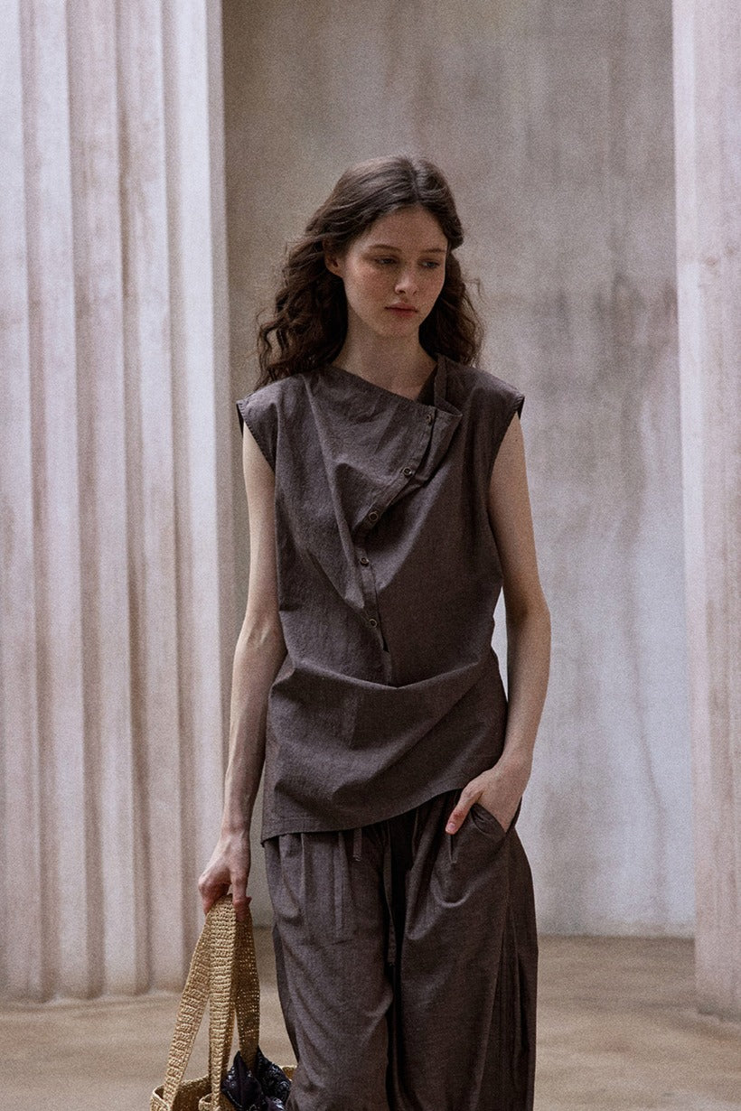 Cotton blend linen diagonal front vest shirt | 2 color