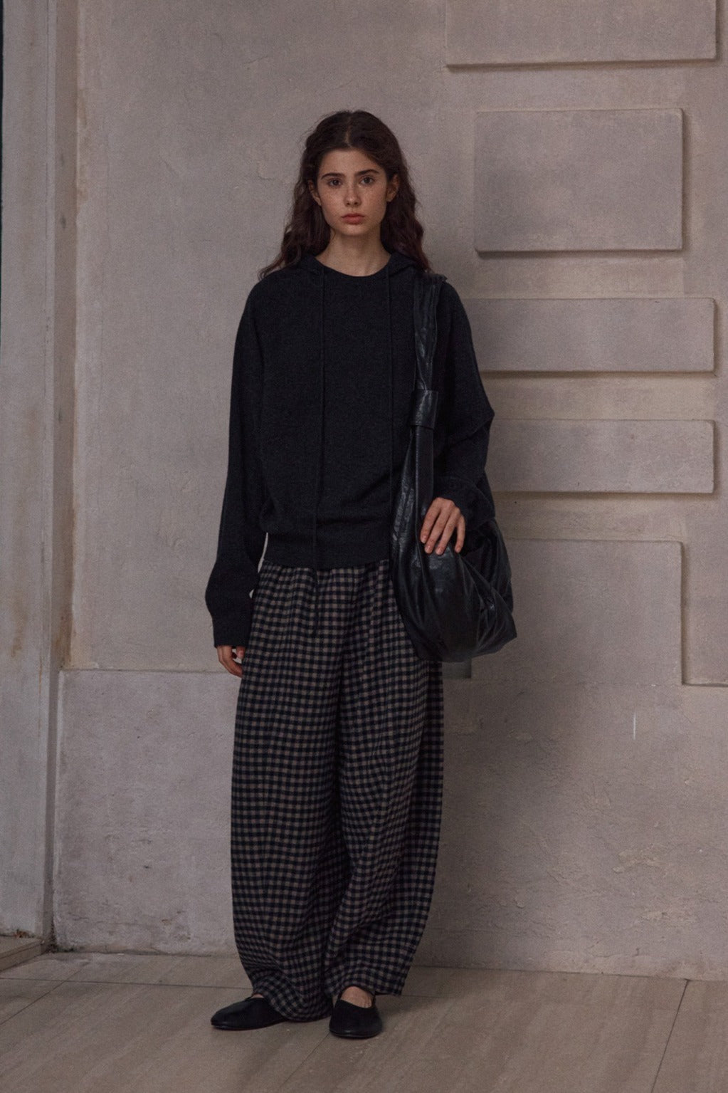 Wool blend check pattern loose structure pants | 2 color