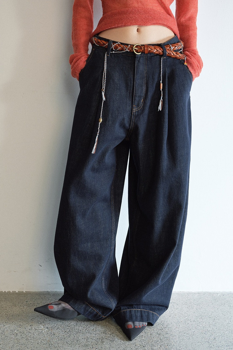Cotton blend loose fit mid-low rise jeans | 2 color