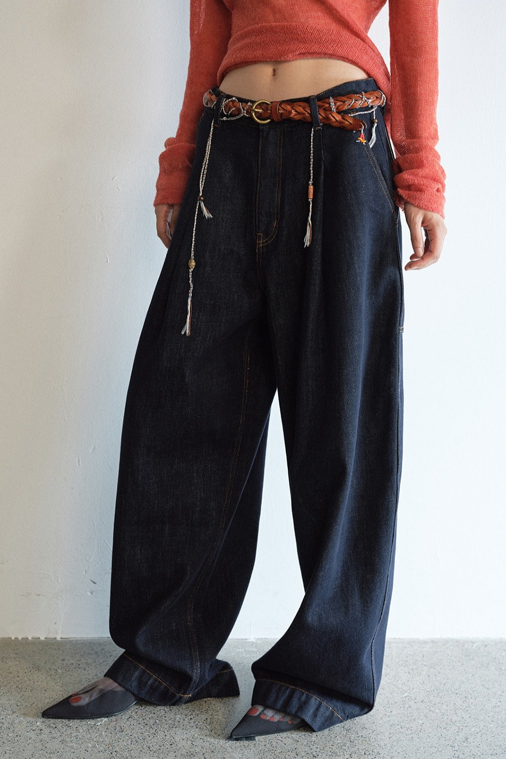 Cotton blend loose fit mid-low rise jeans | 2 color