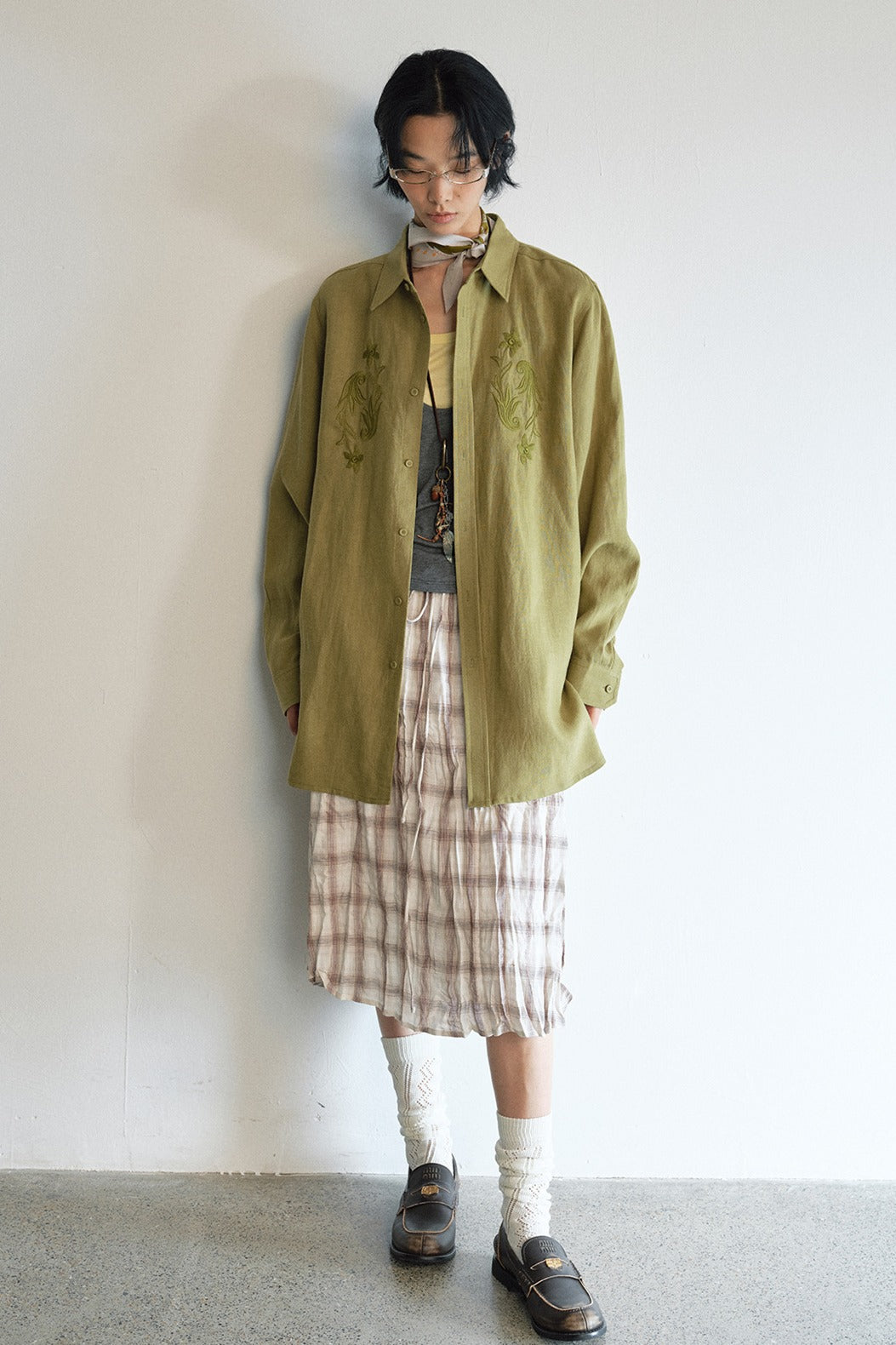 Linen blend relaxed-fit embroidery shirt | 3 color
