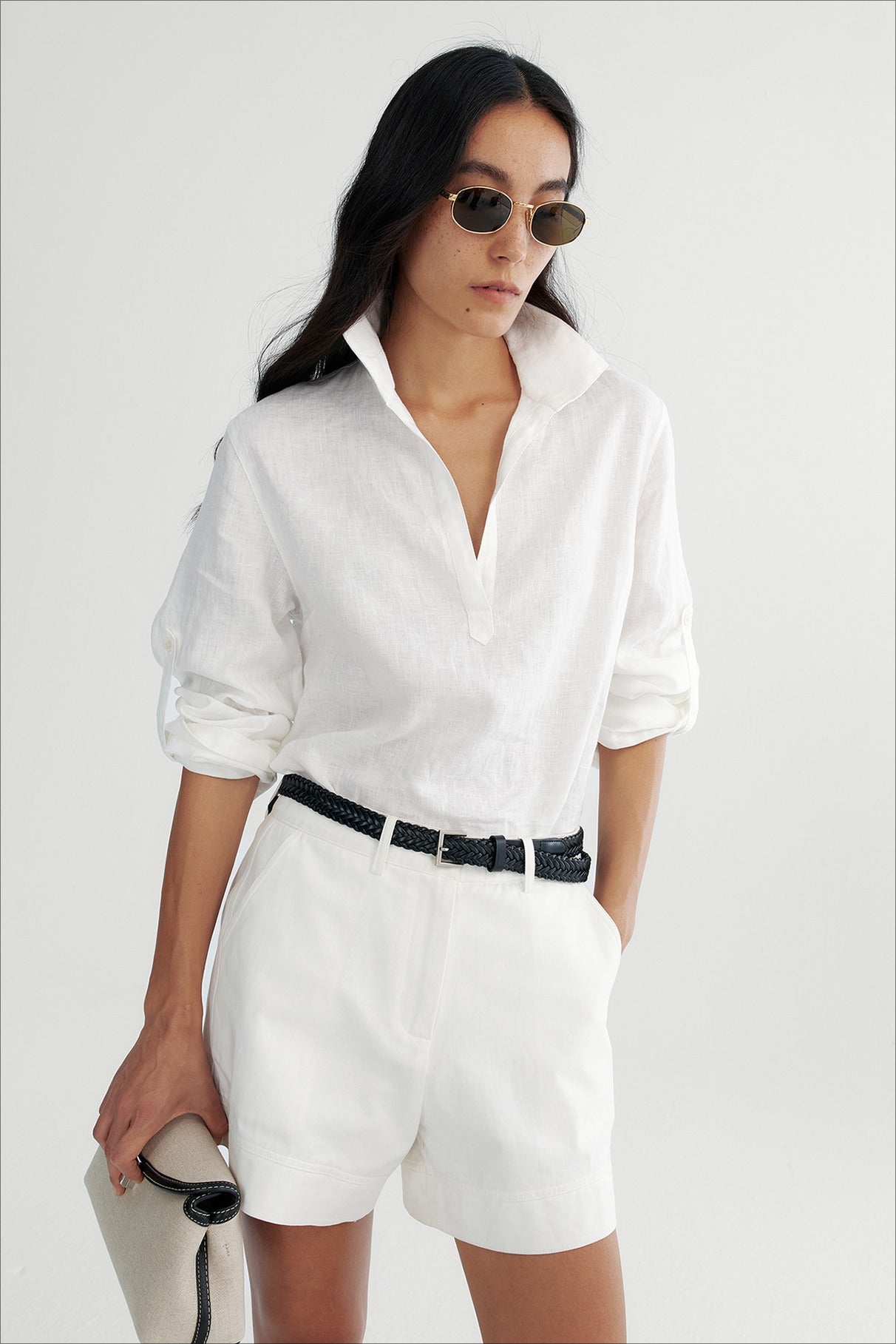 Hemp clean fit half-placket V-neck shirt | 2 color