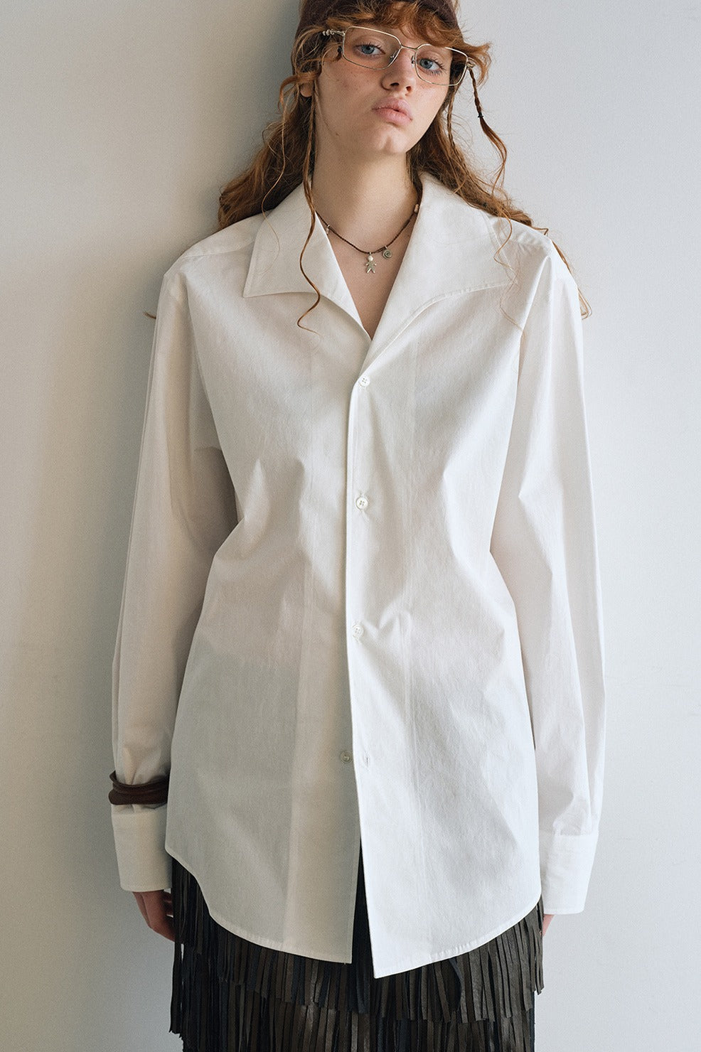 Cotton large lapel collar loose-fit shirt | 2 color