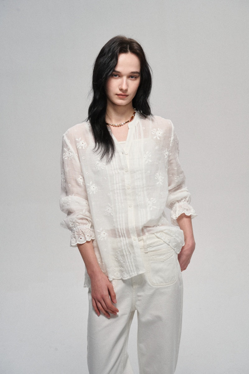 Chemise décontractée 100 % ramie avec découpes brodées