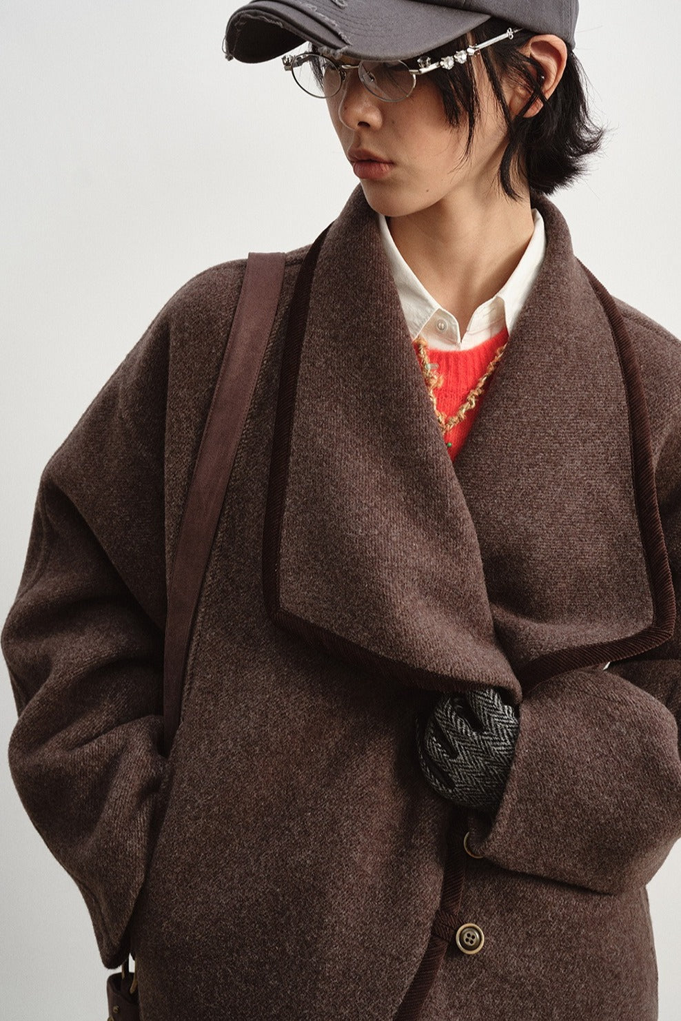 Wool-silk-alpaca relaxed fit large lapel jacket | 2 color